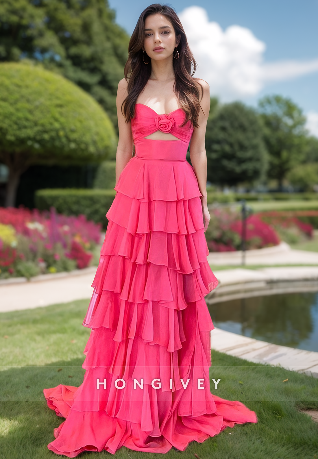 Graceful A-Line Sweetheart Floral Tiered Lace Ball Gowns with Slit Evening Gowns