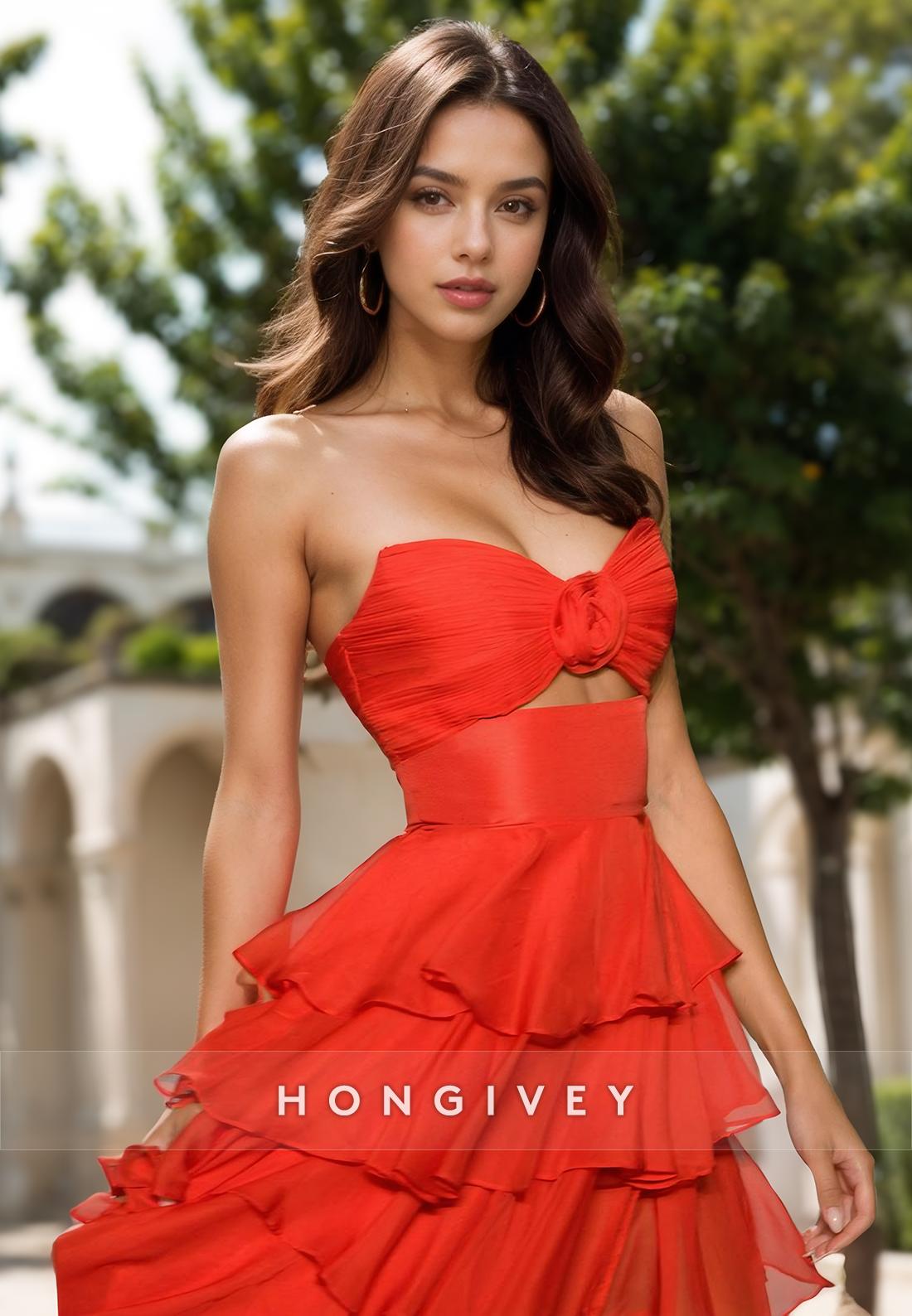 Graceful A-Line Sweetheart Floral Tiered Lace Ball Gowns with Slit Evening Gowns