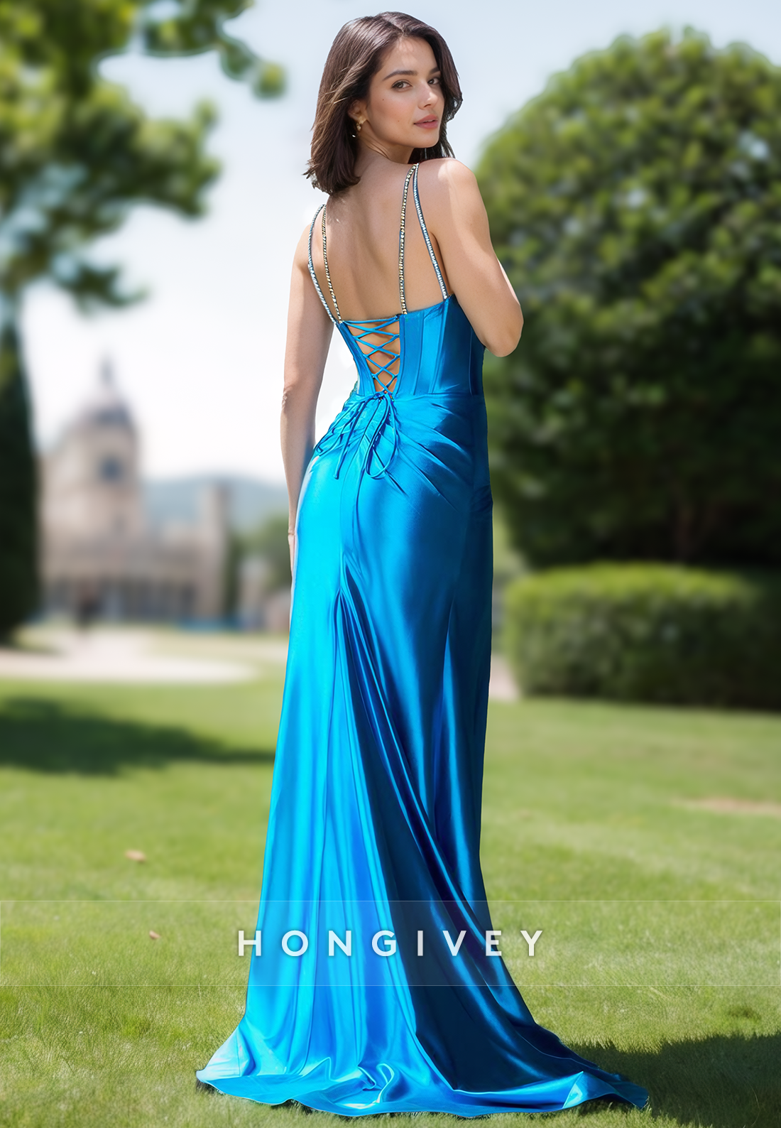 Elegant Spaghetti Straps V-Neck Sheath Pleats Satin Formal Prom Dress with Beads