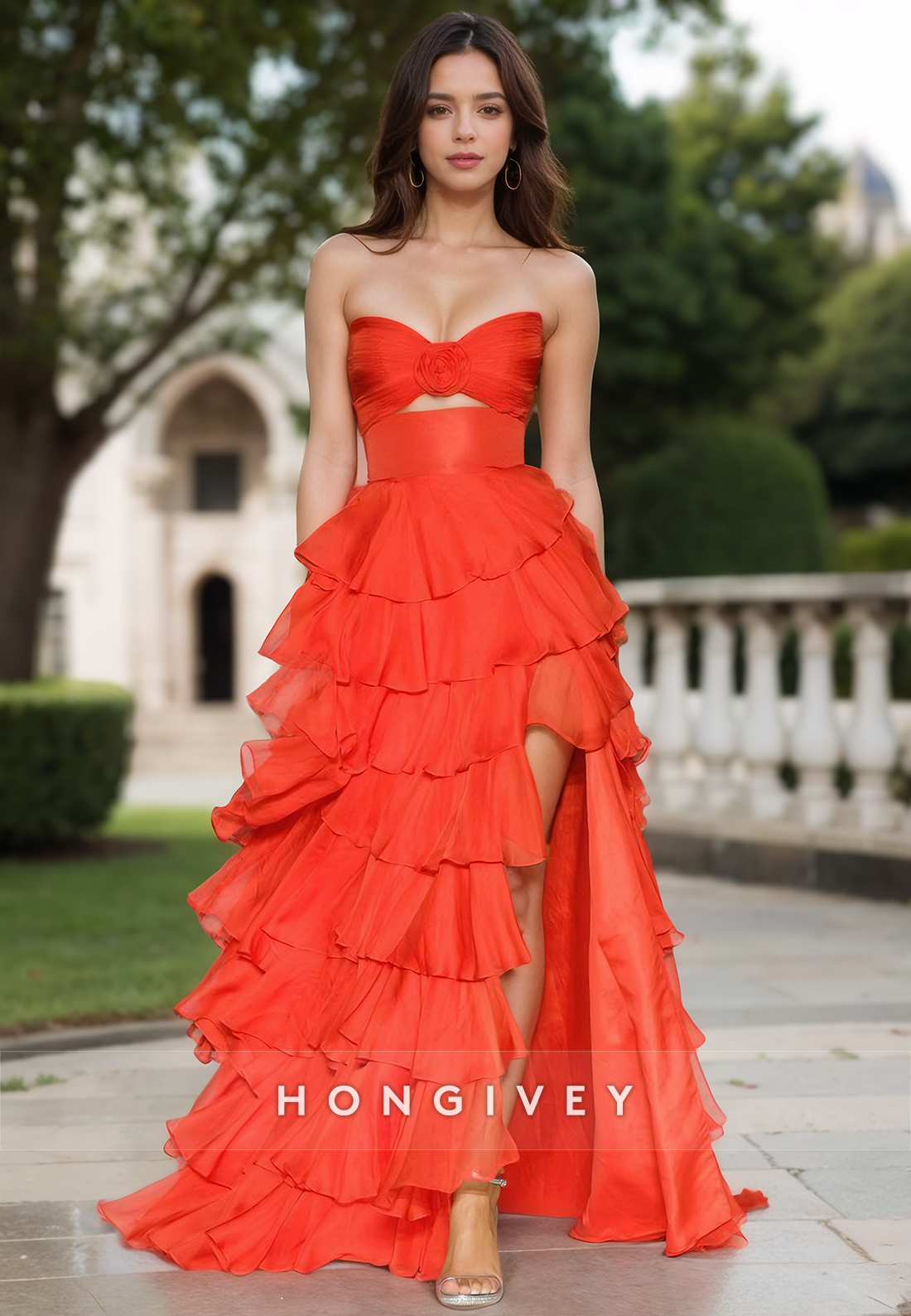 Graceful A-Line Sweetheart Floral Tiered Lace Ball Gowns with Slit Evening Gowns