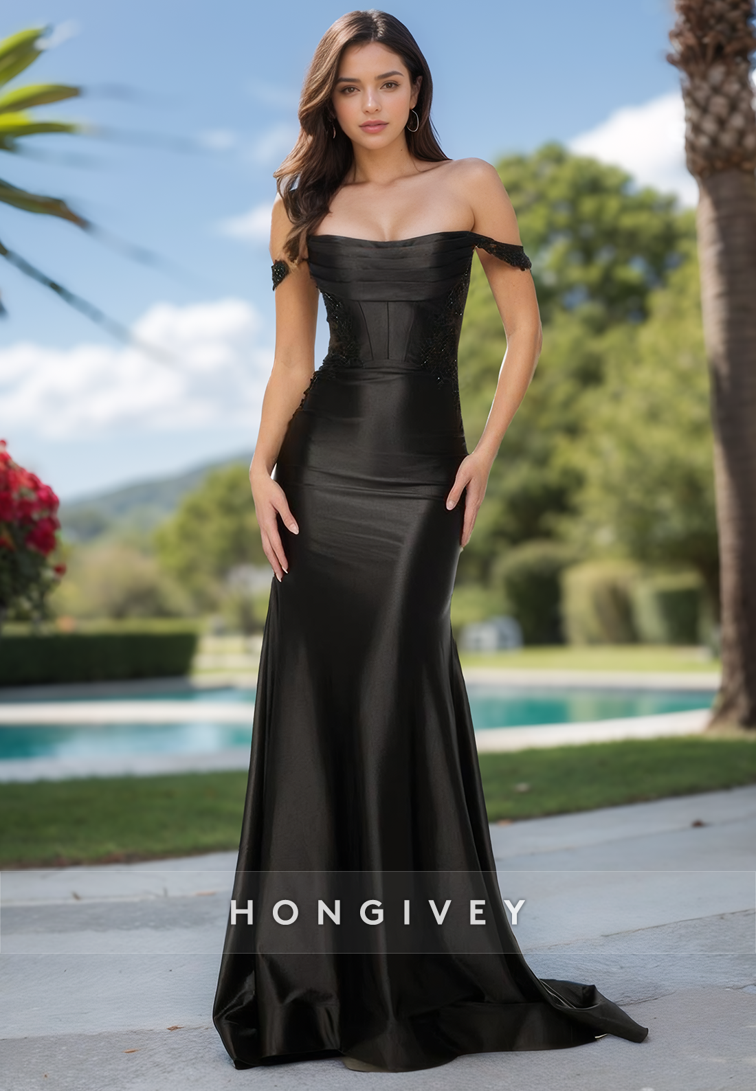 Elegant Off-Shoulder Sleeveless Sheath Satin Appliques Formal Prom Dress with Train