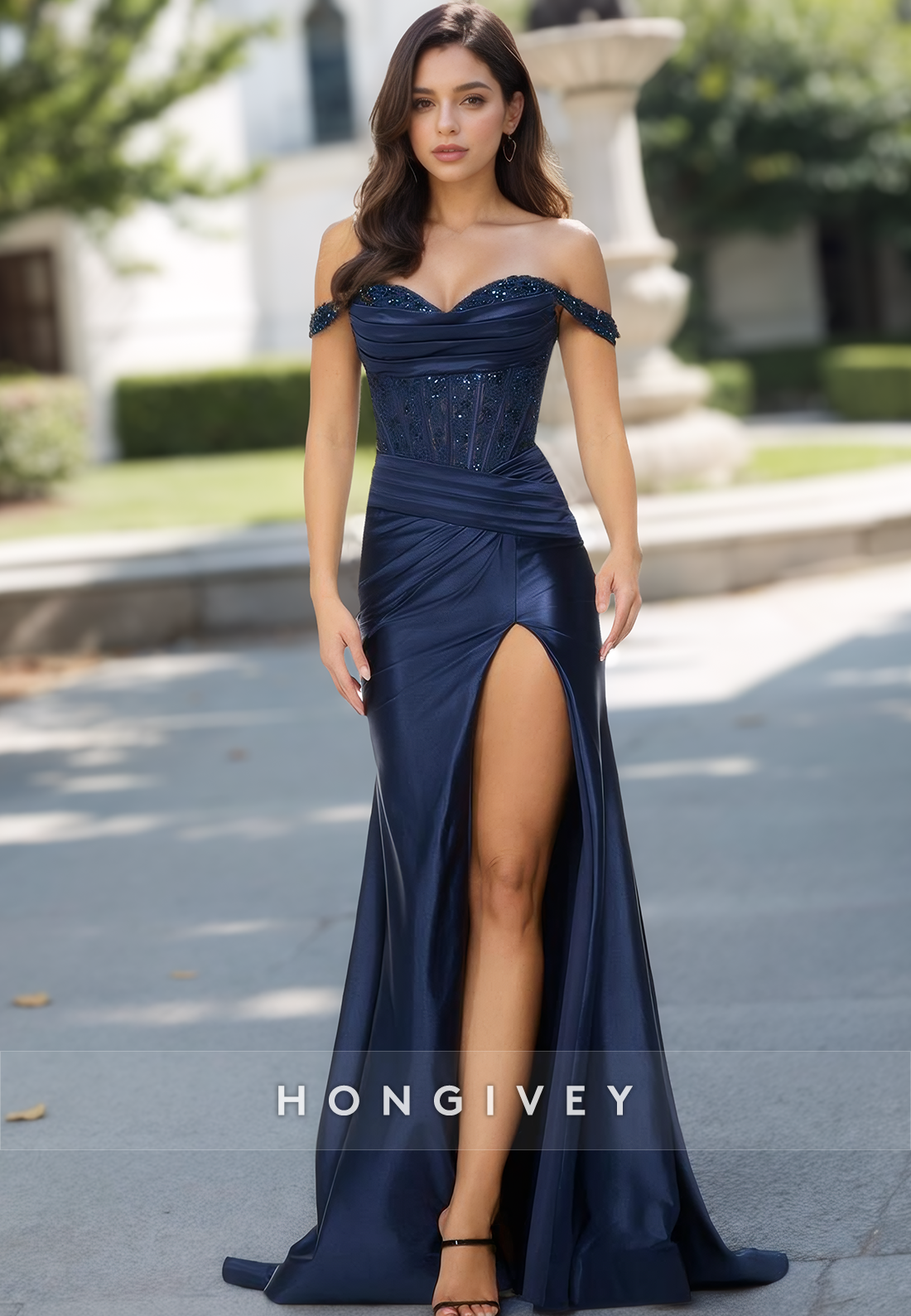 Elegant Off-Shoulder Sheath High Slit Pleats Satin Formal Prom Dress with Appliques