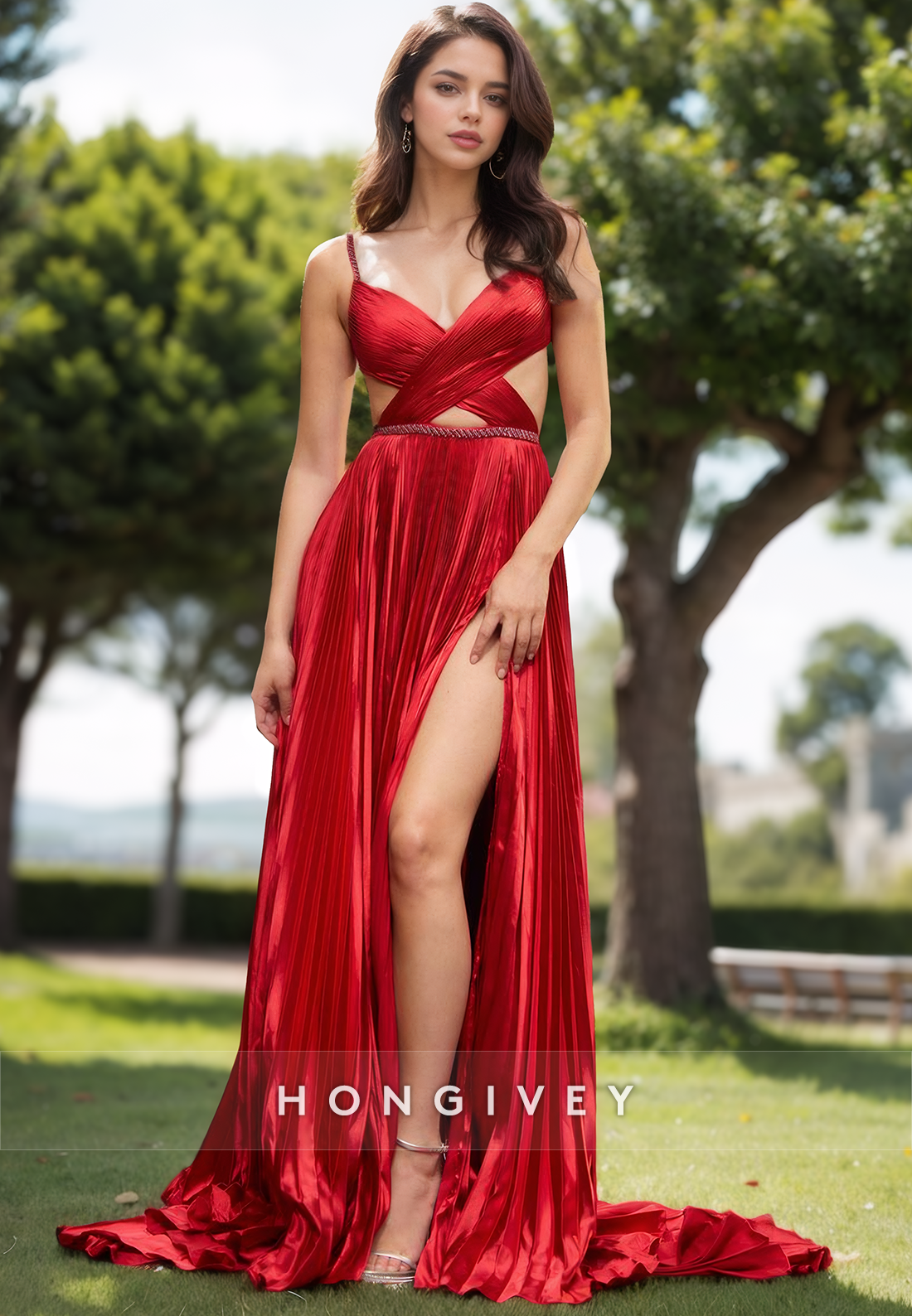 Charming V-Neck Straps Party Dress A-Line Sweep Train Prom Dress with High Slit
