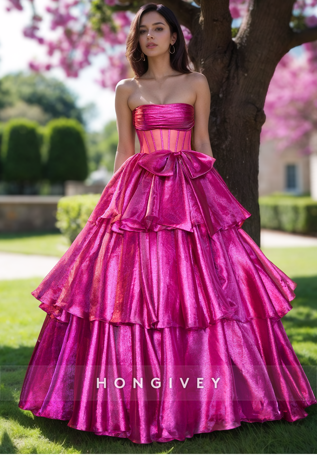 Fuchsia Tiered Bow Strapless A-line Quinceanera Evening Dress Prom Ball Gown