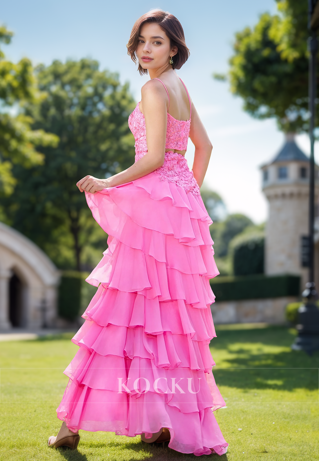 Pink Beaded Tiered Lace Sheath Party Gowns Spaghetti Straps High Slit Prom Dress with Appliques