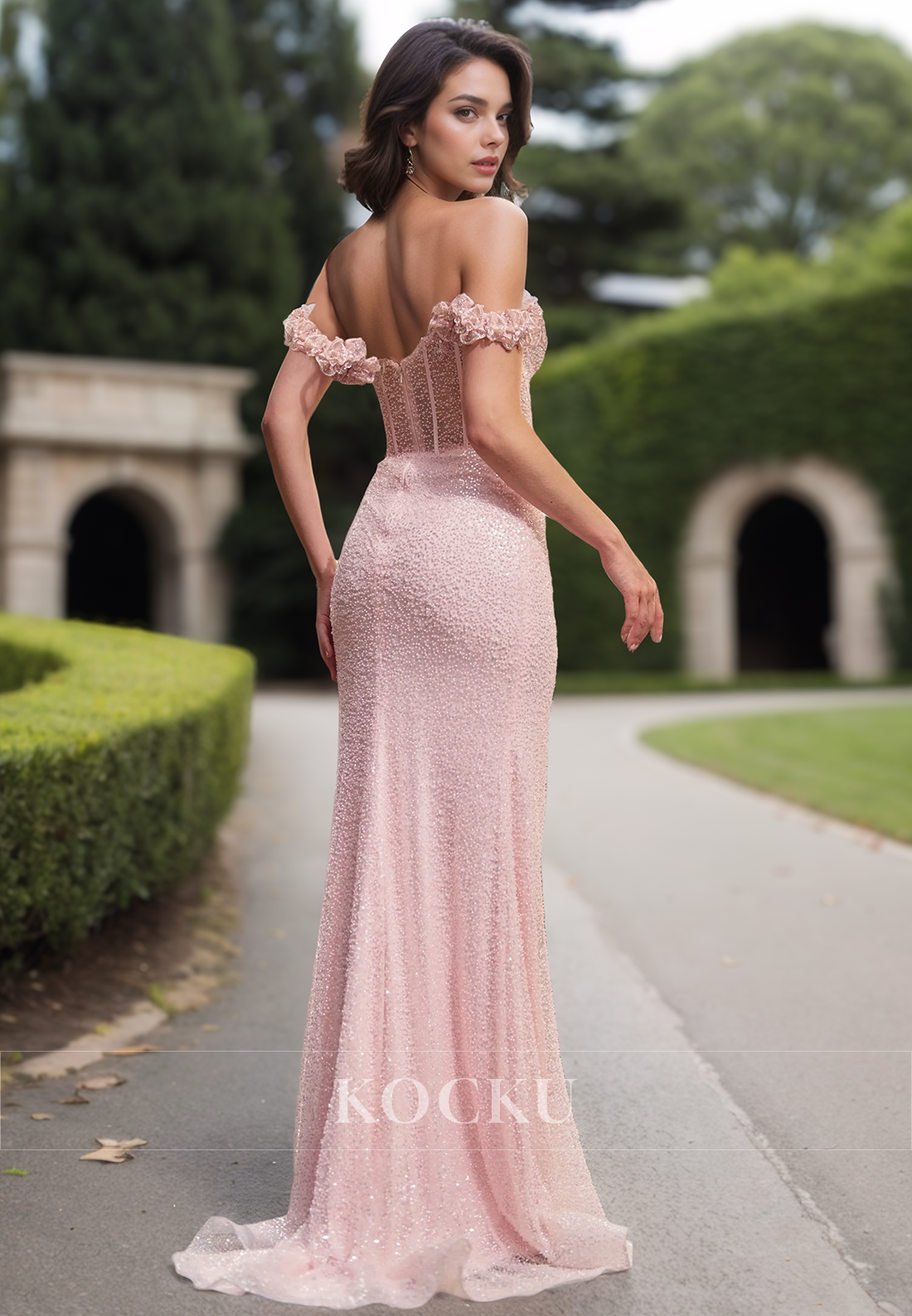 Sparkly Off-Shoulder Sheath High Split Appliques Prom Formal Party Dress with Beads