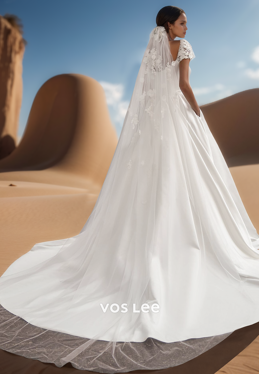 A-Line Lace Applique Short Sleeves Couture Wedding Dresses with pocket