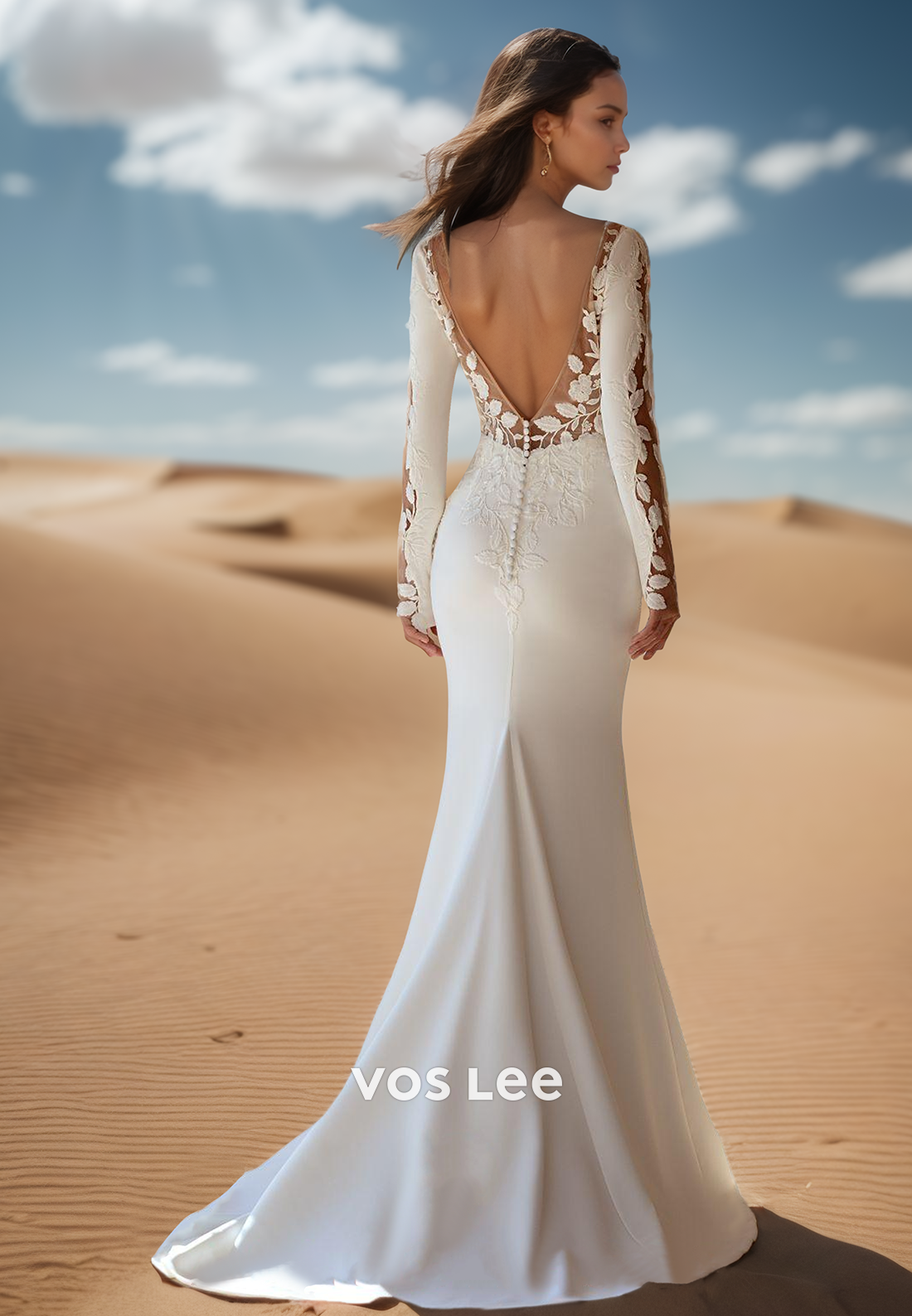Long Sleeves Simple Low V Neck Mermaid Beach Wedding Dresses With Sweep Train