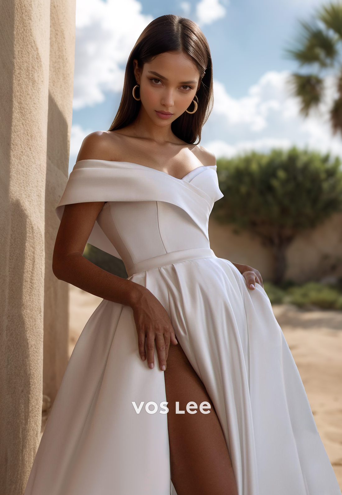 Classic V-Neck Wedding Dress Simple Off Shoulder A-Line with Slit Bride Gown