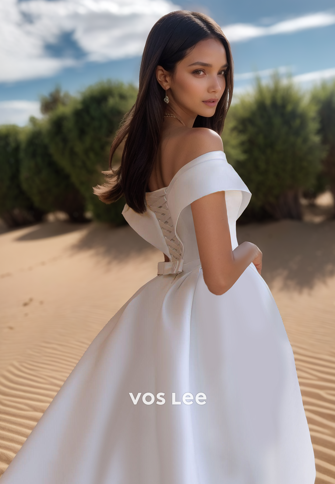 Classic V-Neck Wedding Dress Simple Off Shoulder A-Line with Slit Bride Gown