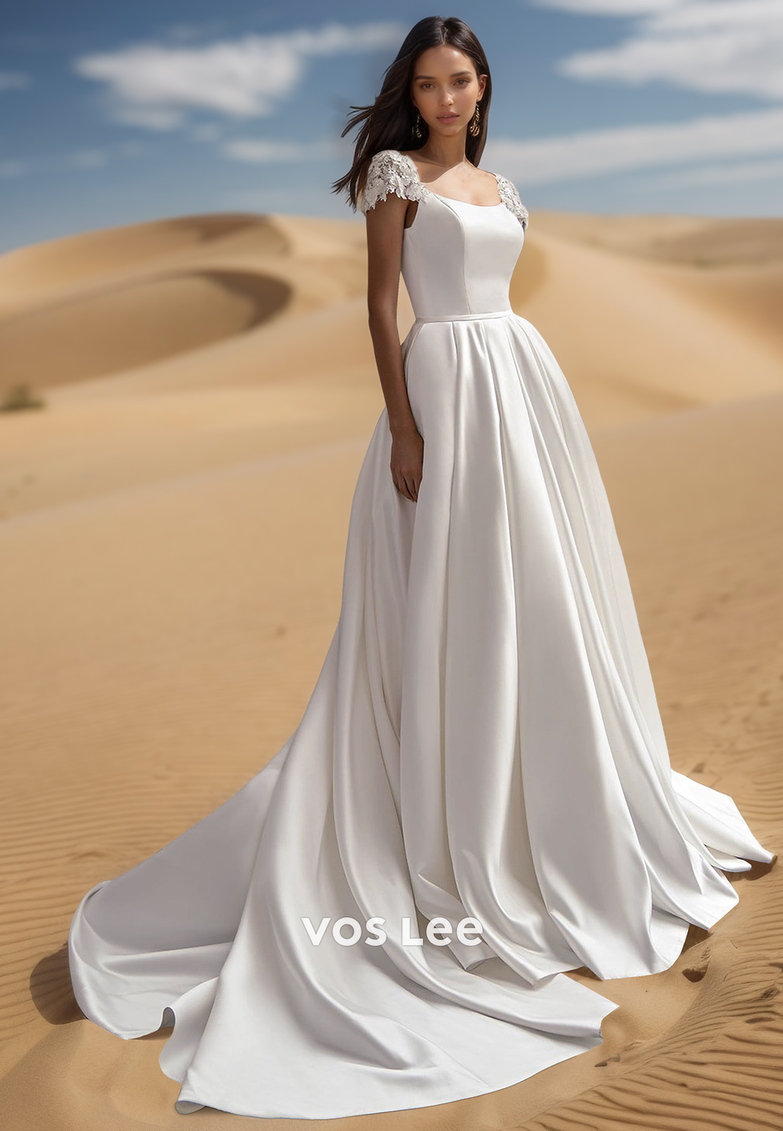 A-Line Lace Applique Short Sleeves Couture Wedding Dresses with pocket