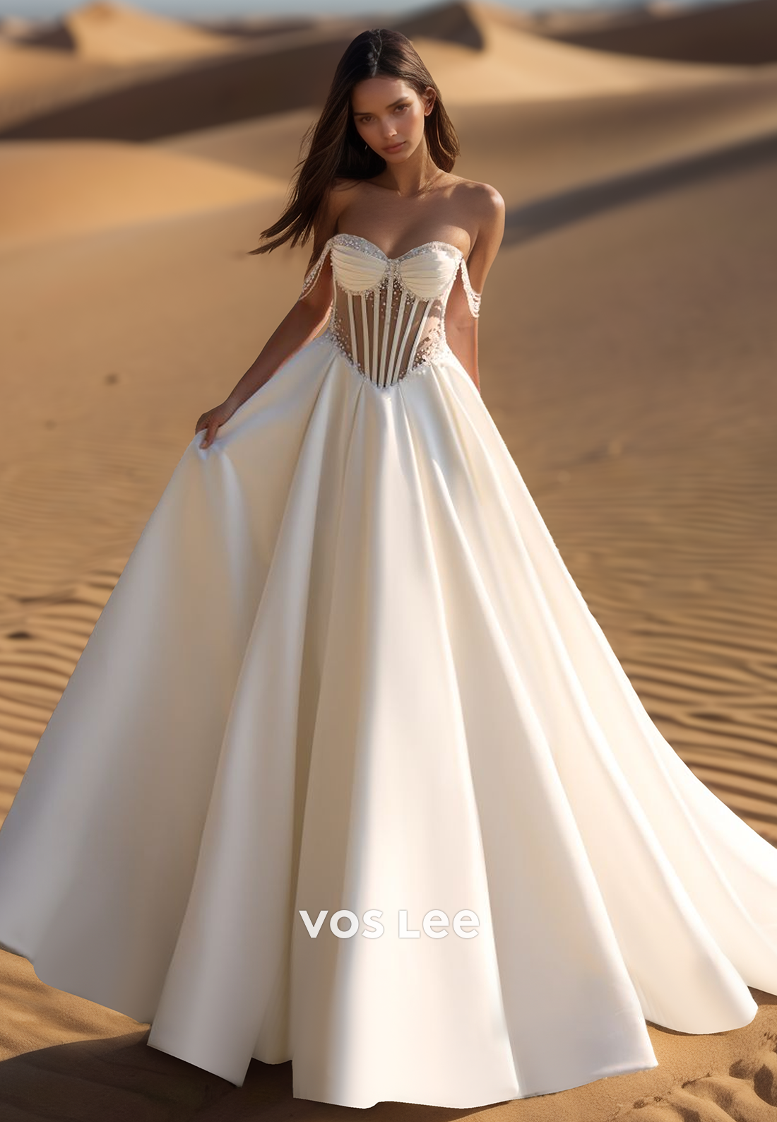 Sweetheart Off-Shoulder Sleeveless A-Line Wedding Dress Beaded Pleated Satin Bride Gowns