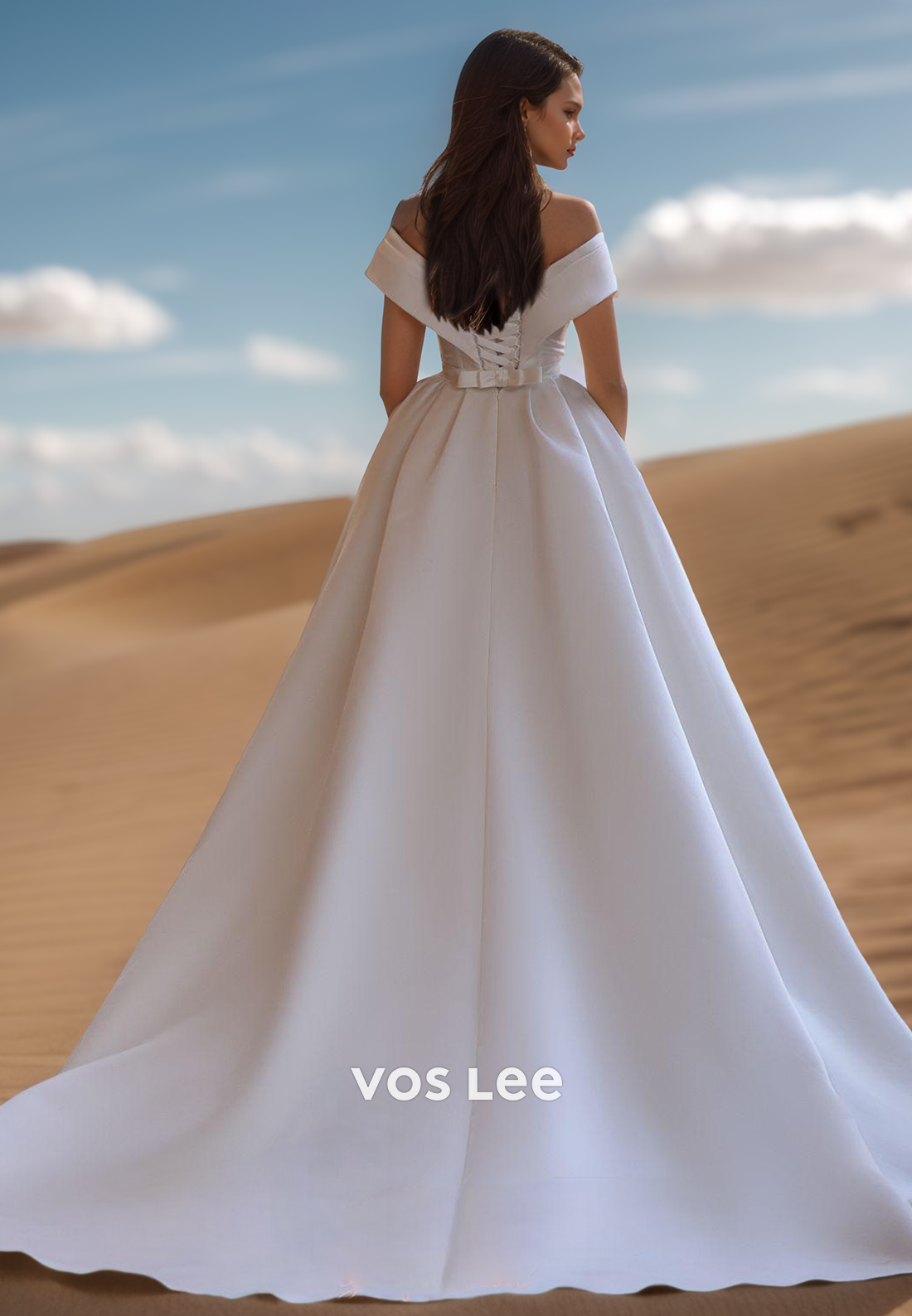 Classic V-Neck Wedding Dress Simple Off Shoulder A-Line with Slit Bride Gown