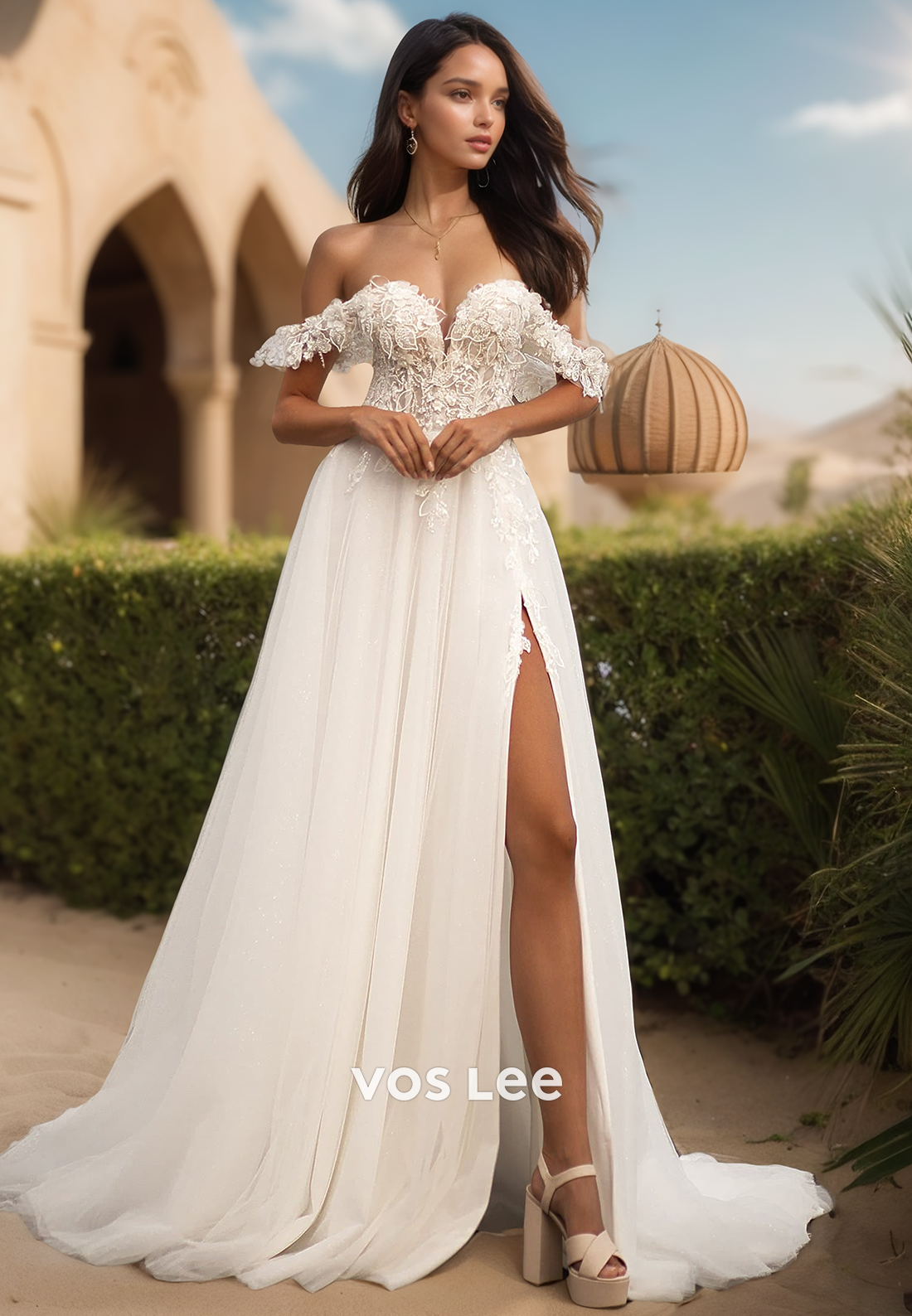 Gorgeous & Charming A-Line Off-Shoulder Sweetheart Wedding Dresses with High Slit