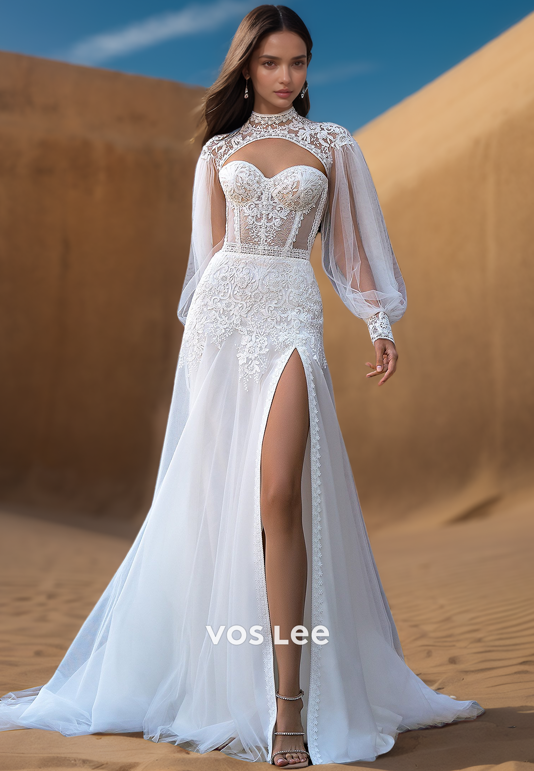 High-Sweetheart Long-Sleeves Tulle A-Line Wedding Dress Lace Applique Beaded Bride Gowns with Slit