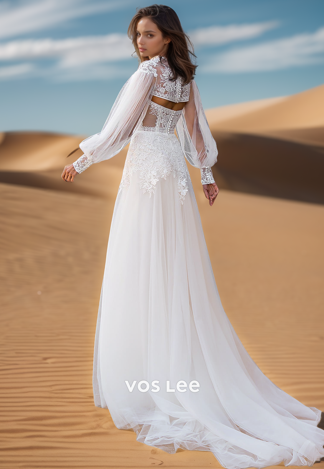 High-Sweetheart Long-Sleeves Tulle A-Line Wedding Dress Lace Applique Beaded Bride Gowns with Slit