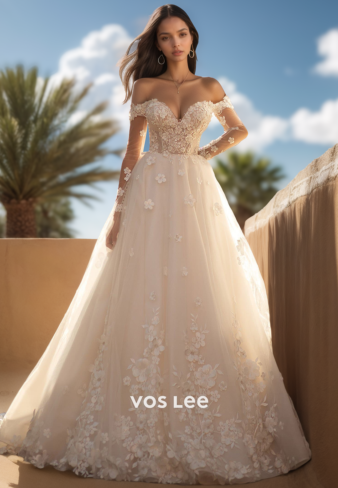 Glamorous Long Sleeves Sweetheart A-Line Floral Lace Bridal Wedding Gowns with Beads