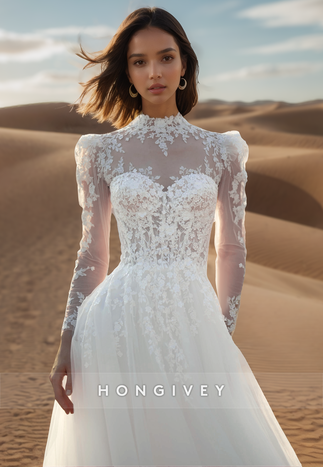 High-Neck Long-Sleeves Lace Applique Pleated Sheer Tulle A-Line Wedding Dress with Train