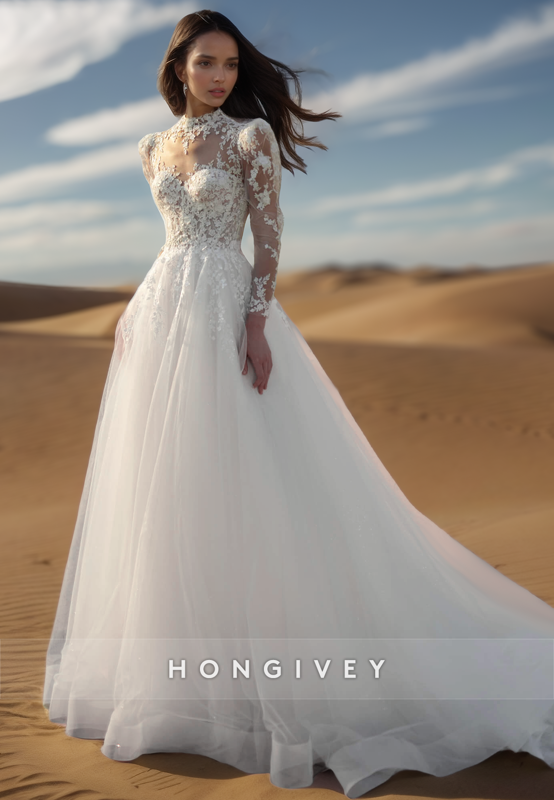 High-Neck Long-Sleeves Lace Applique Pleated Sheer Tulle A-Line Wedding Dress with Train