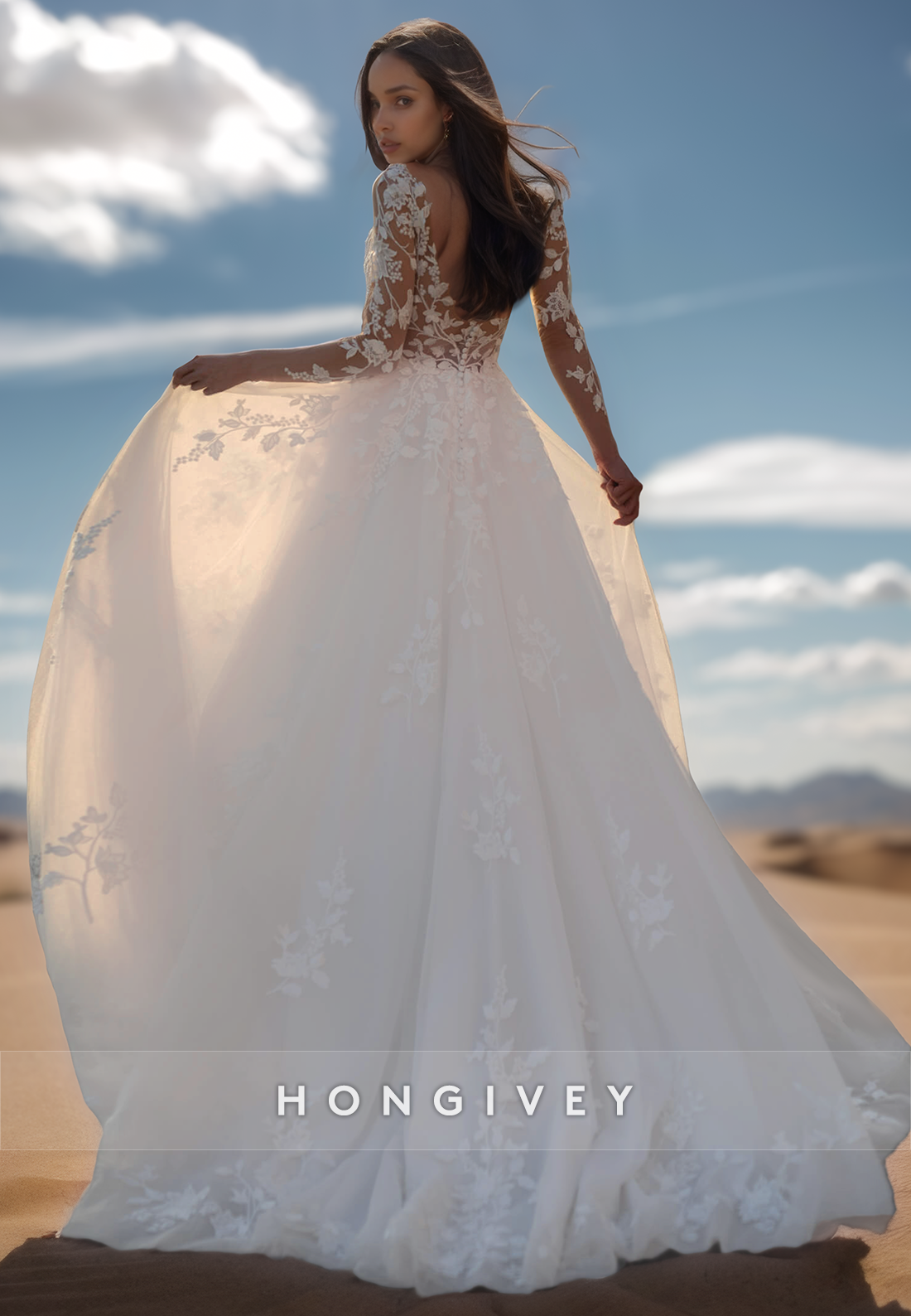 A-Line V-Neck Lace appliques Long Sleeves Buttons Wedding Dresses