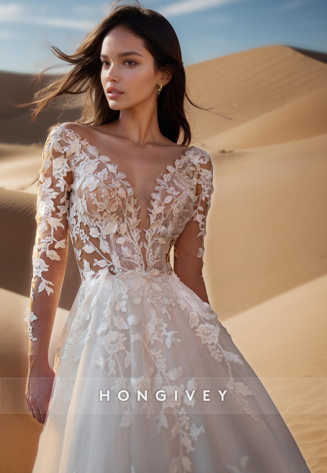 A-Line V-Neck Lace appliques Long Sleeves Buttons Wedding Dresses
