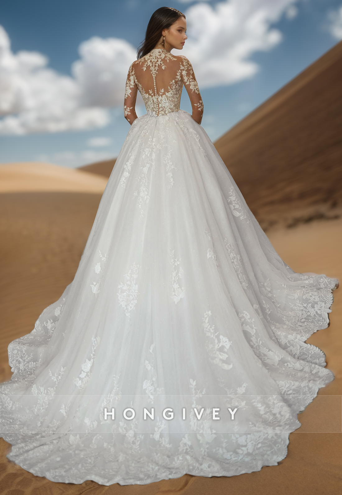 High-Neck Long-Sleeves Sheer Pleated A-Line Wedding Dress Beaded Sequined Applique Bride Gowns