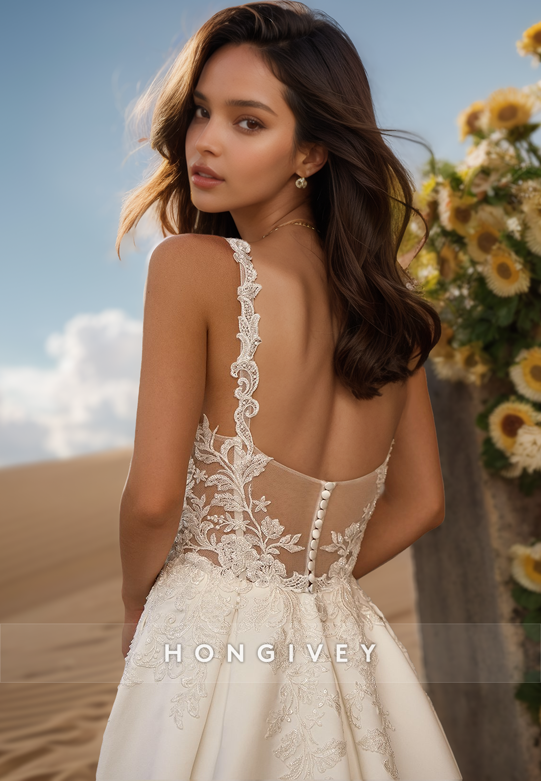 V-Neck Lace appliques Sexy and Sleek Wedding Dresses with Pockets