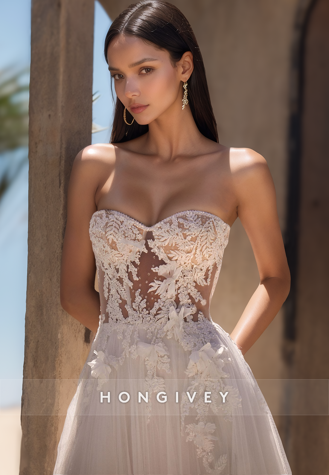 A Line Sweetheart Lace Appliques Side Slit Romantic Wedding Dress with Detachable Sleeves