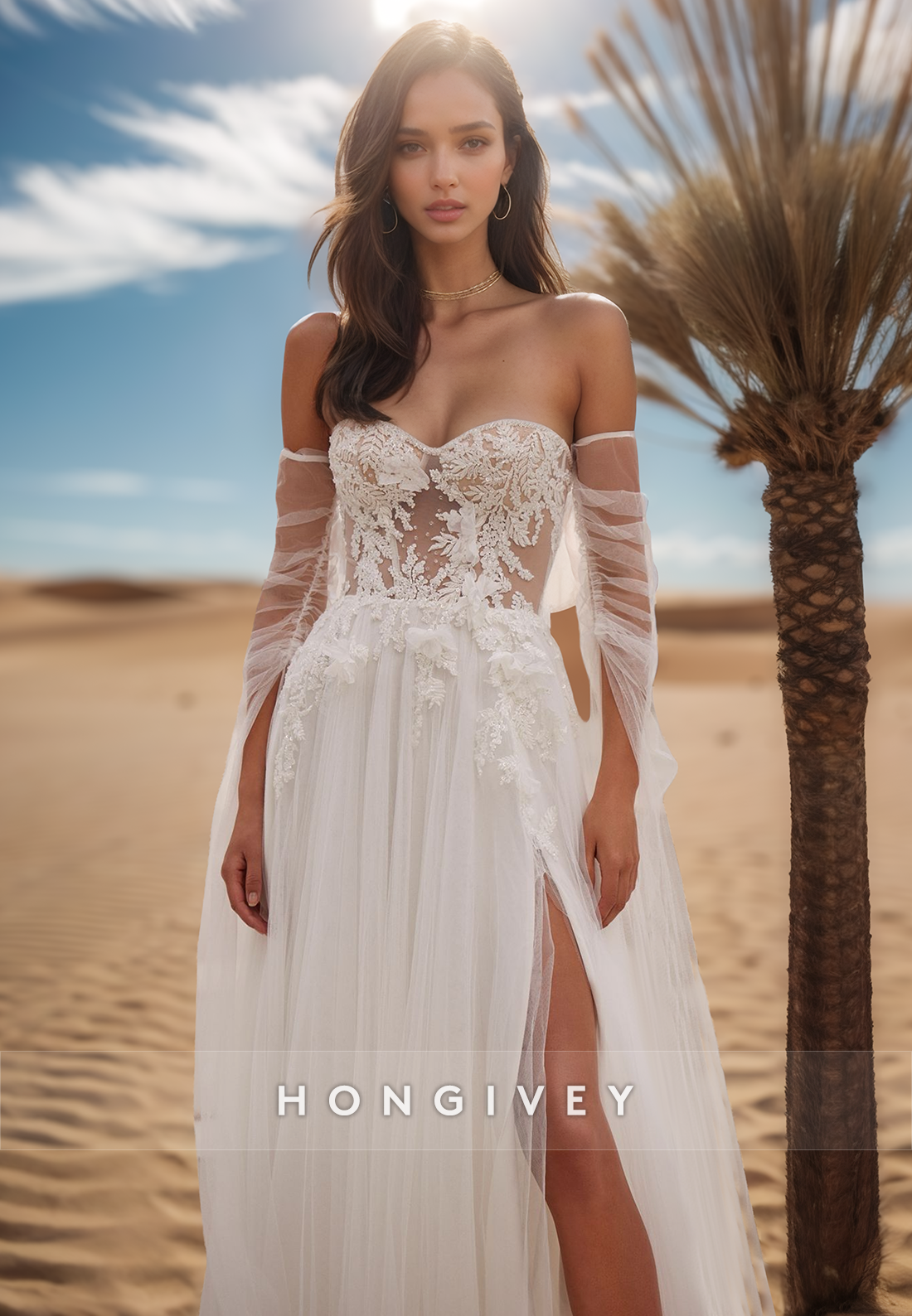 A Line Sweetheart Lace Appliques Side Slit Romantic Wedding Dress with Detachable Sleeves