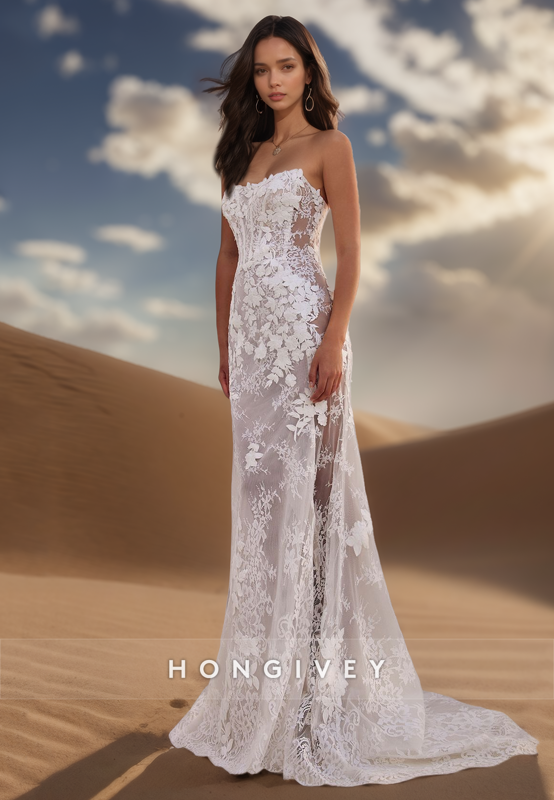 Tube Top Floral Lace Applique Sexy Wedding Dresses With Detachable train
