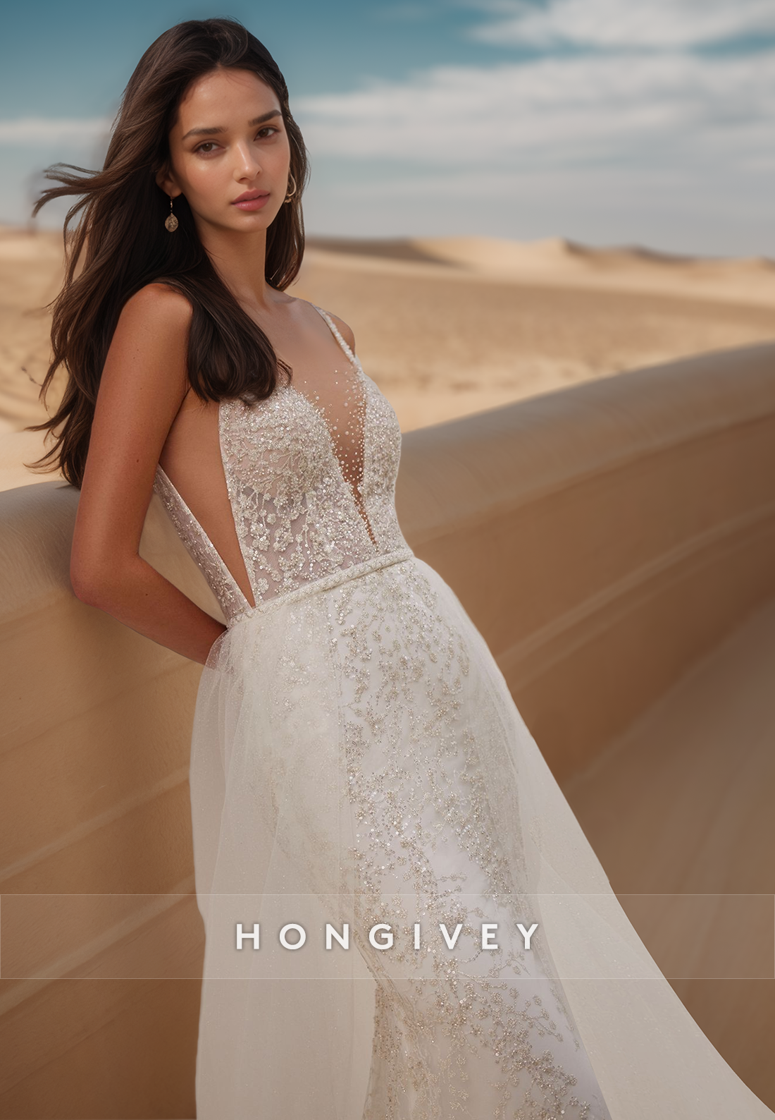 Deep V-Neck Beaded Lace Ornate Wedding Dresses With Tulle Train