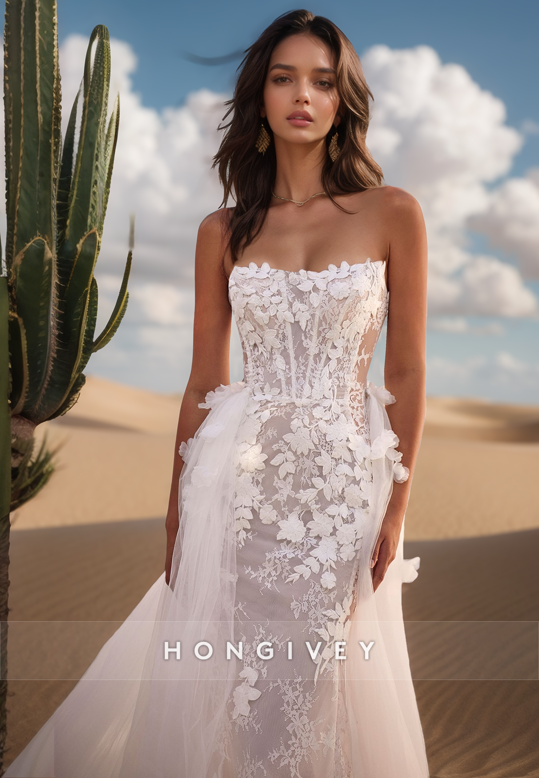 Tube Top Floral Lace Applique Sexy Wedding Dresses With Detachable train