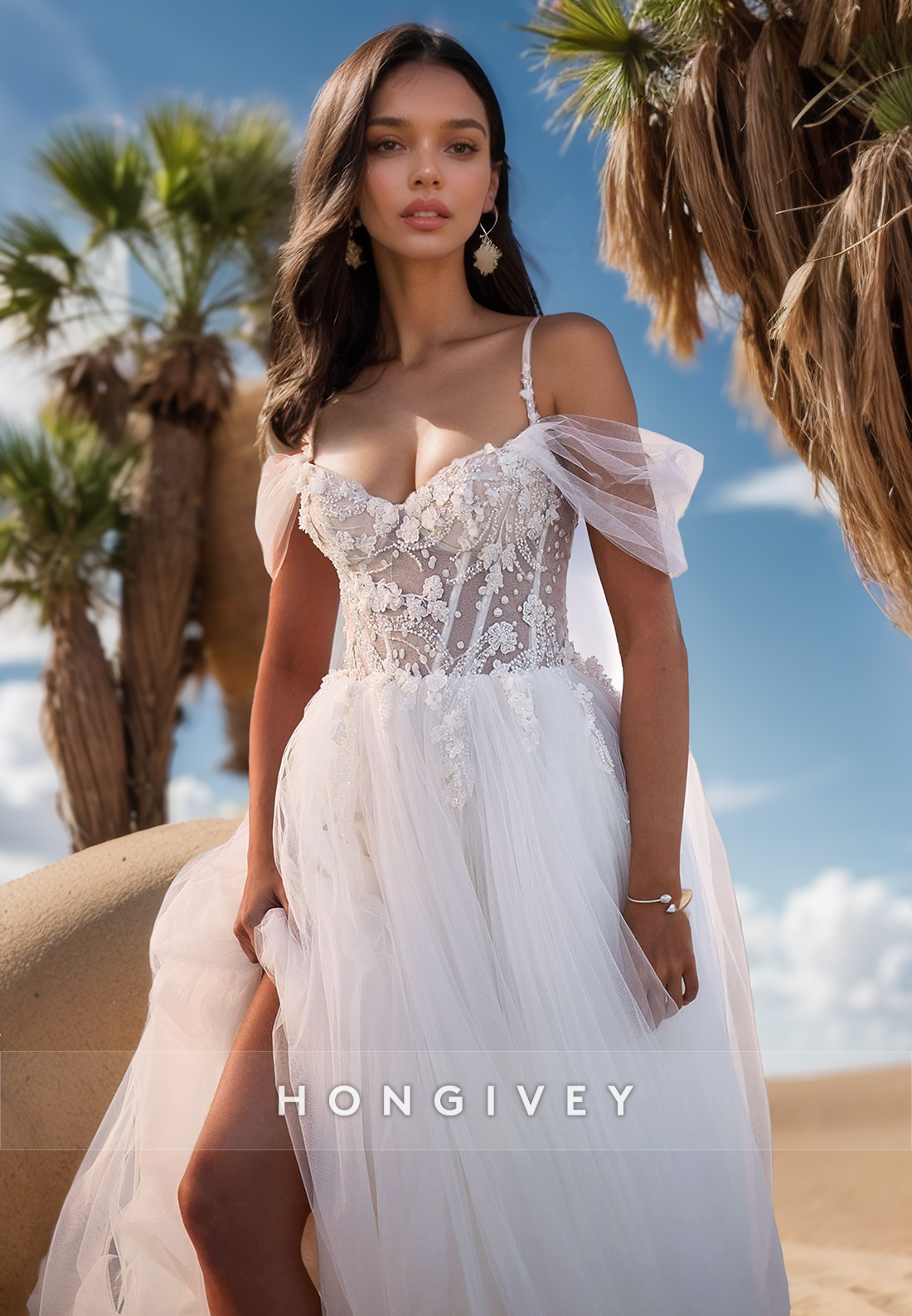 A-Line Sheer Lace Applique Sleeveless Wedding Dresses With Train