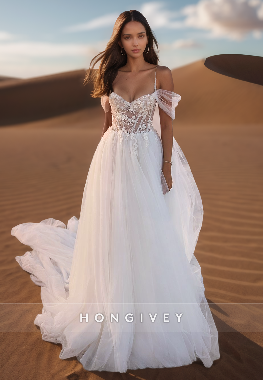 A-Line Sheer Lace Applique Sleeveless Wedding Dresses With Train