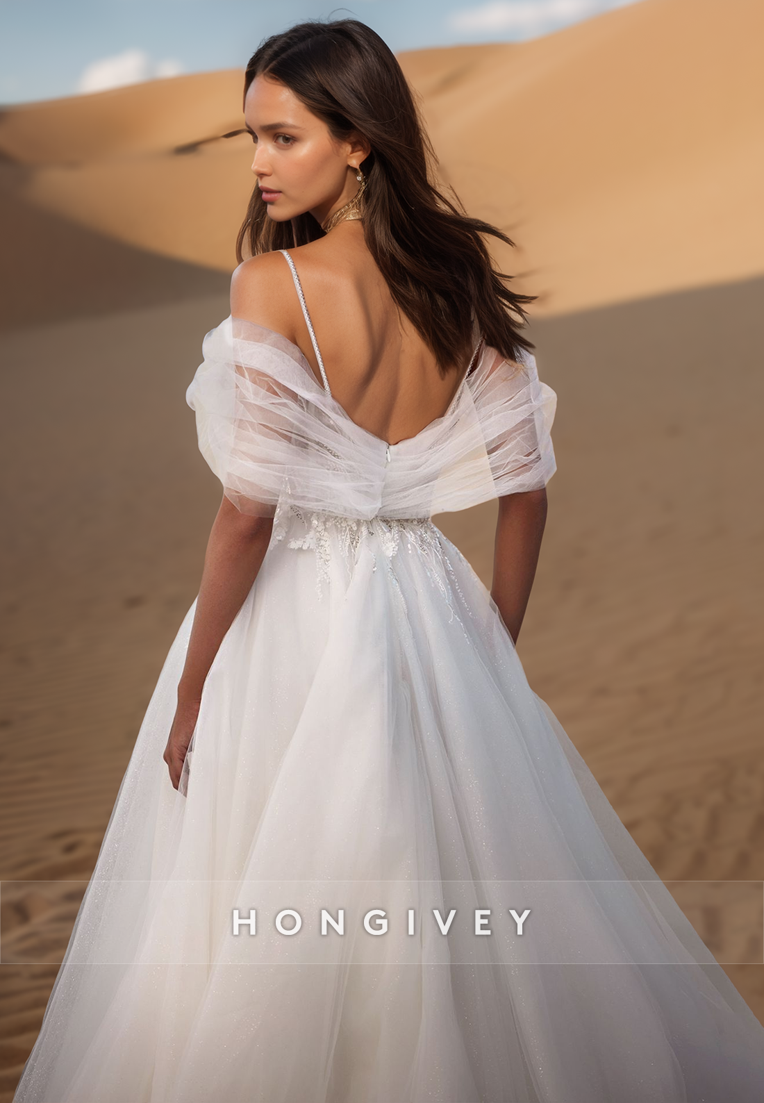 A-Line Plunging Illusion Strap Lace Appliques Ornate Wedding Dresses with Train