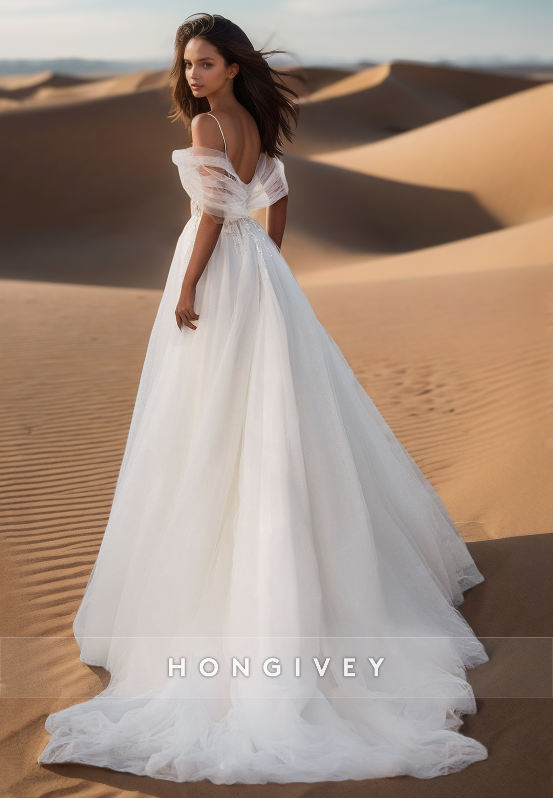 A-Line Plunging Illusion Strap Lace Appliques Ornate Wedding Dresses with Train