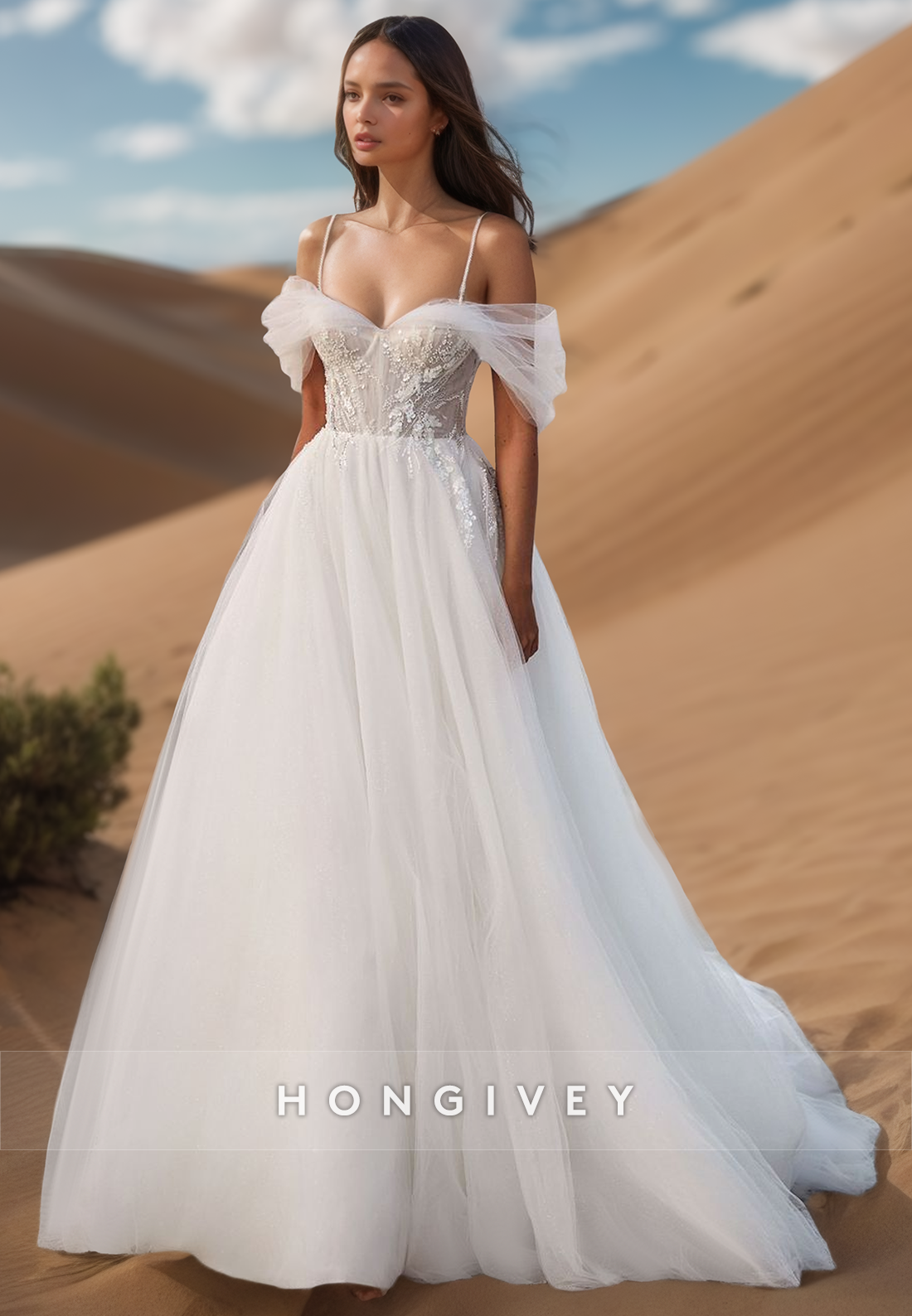 A-Line Plunging Illusion Strap Lace Appliques Ornate Wedding Dresses with Train