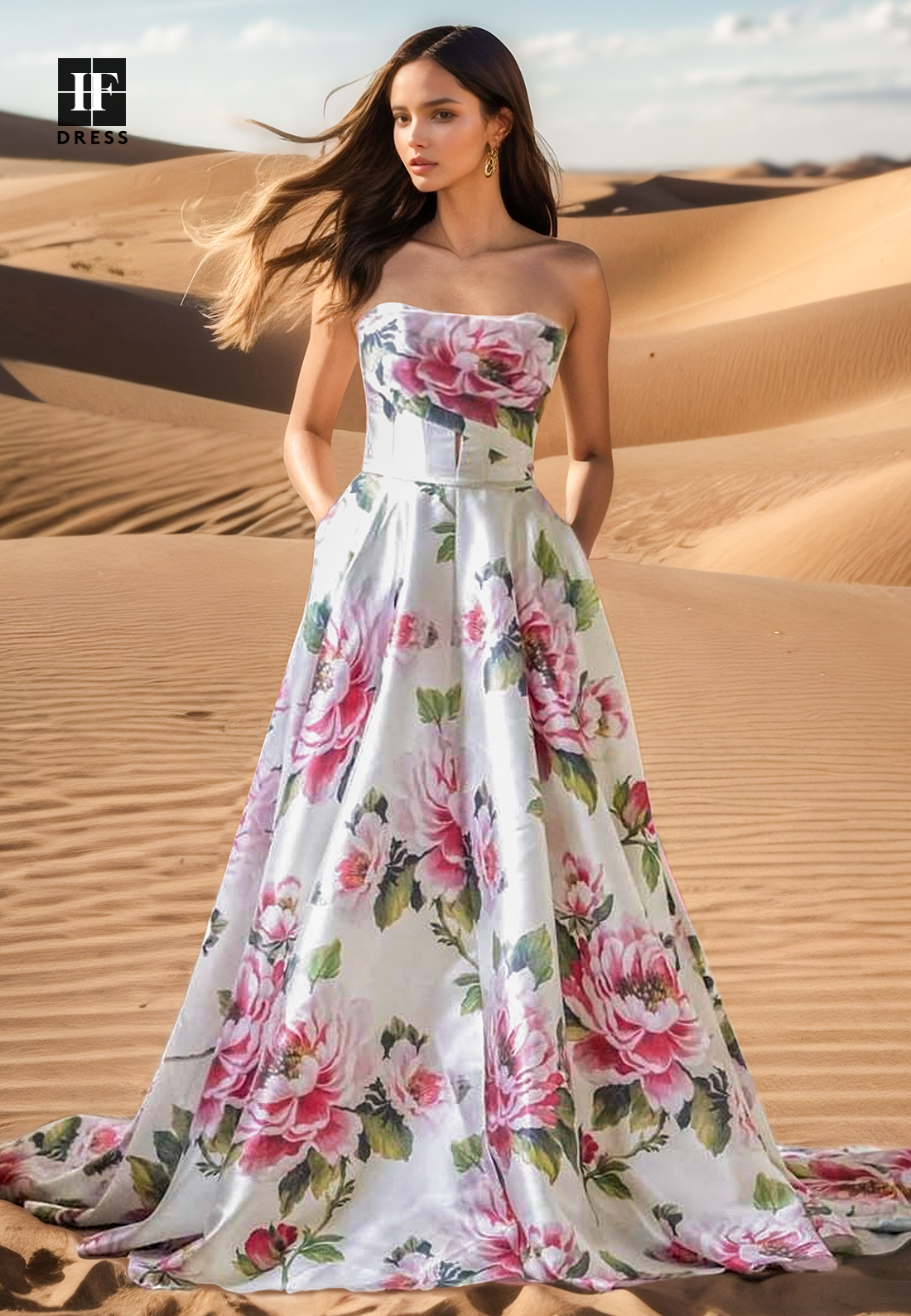 Tube Top Off-Shoulder Sleeveless Flower Prints Pleated A-Line Wedding Dress with Sweep Train