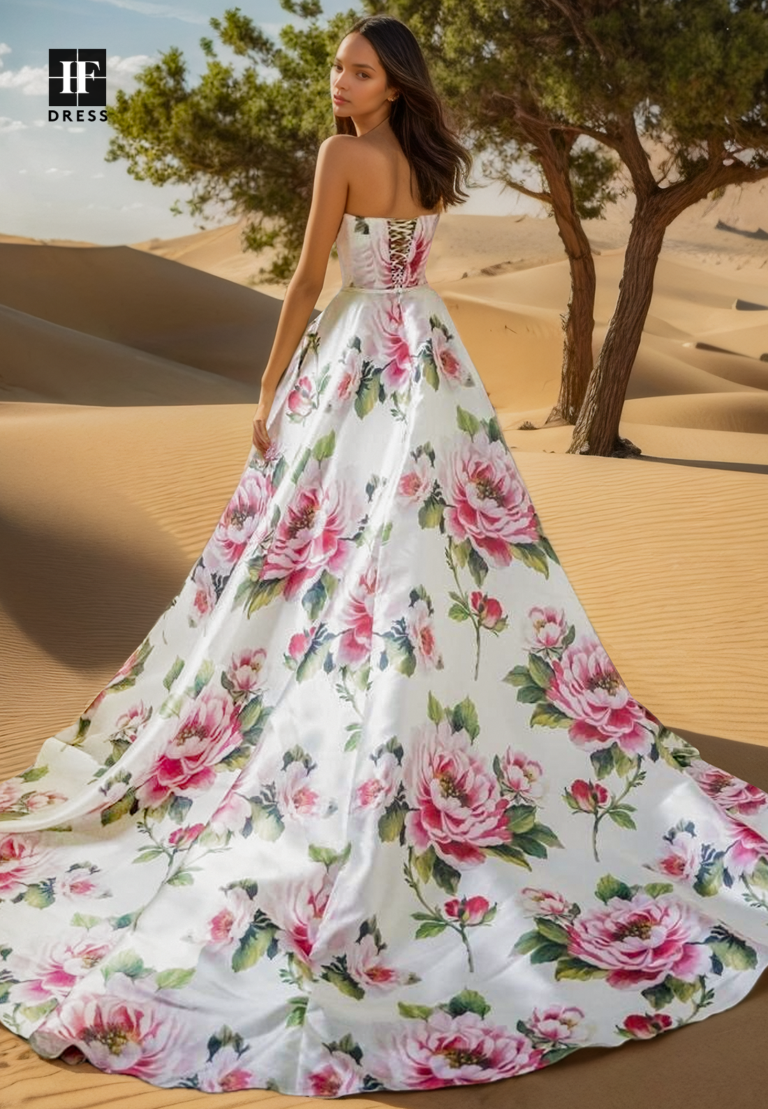 Tube Top Off-Shoulder Sleeveless Flower Prints Pleated A-Line Wedding Dress with Sweep Train