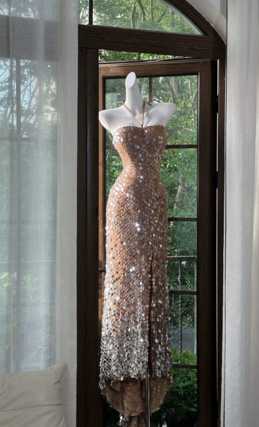 Gorgeous Halter Champagne Sequin Slit Mermaid Party Dress Long Evening Gown