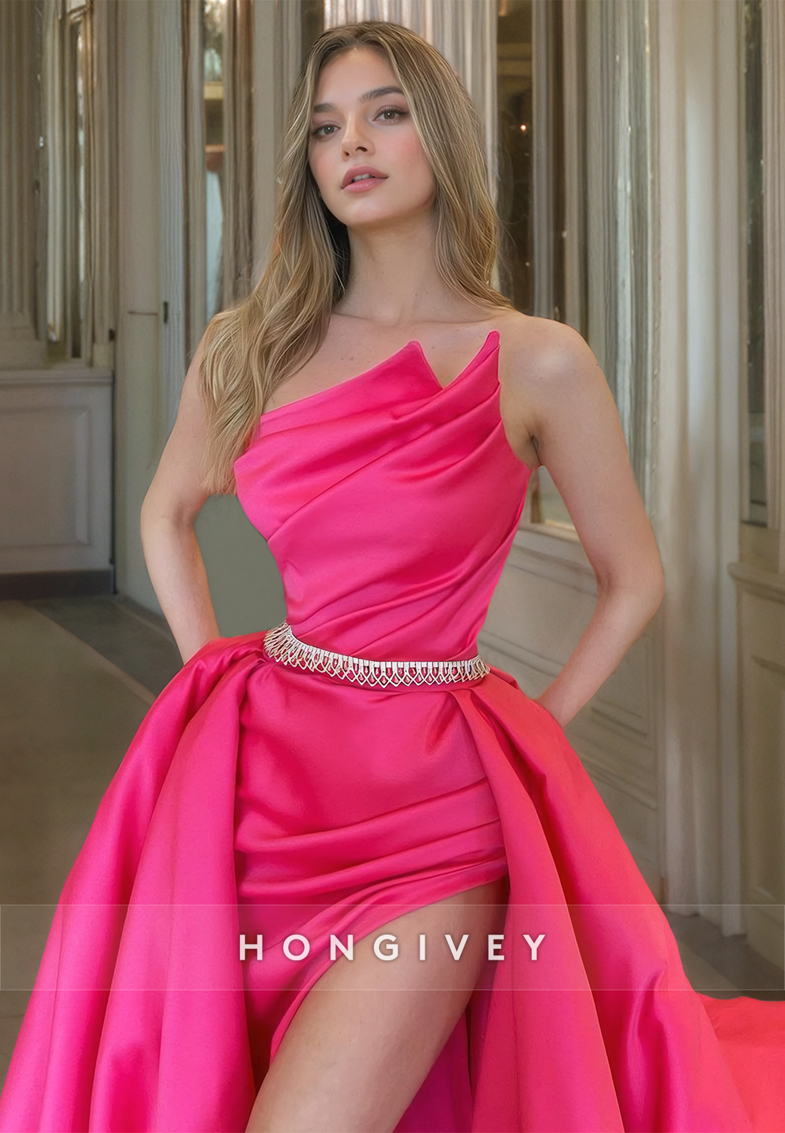 L0924 - Ornate Bateau Off-Shoulder Belt Trimmed High Leg Slit With Train Evening Prom Party Dress