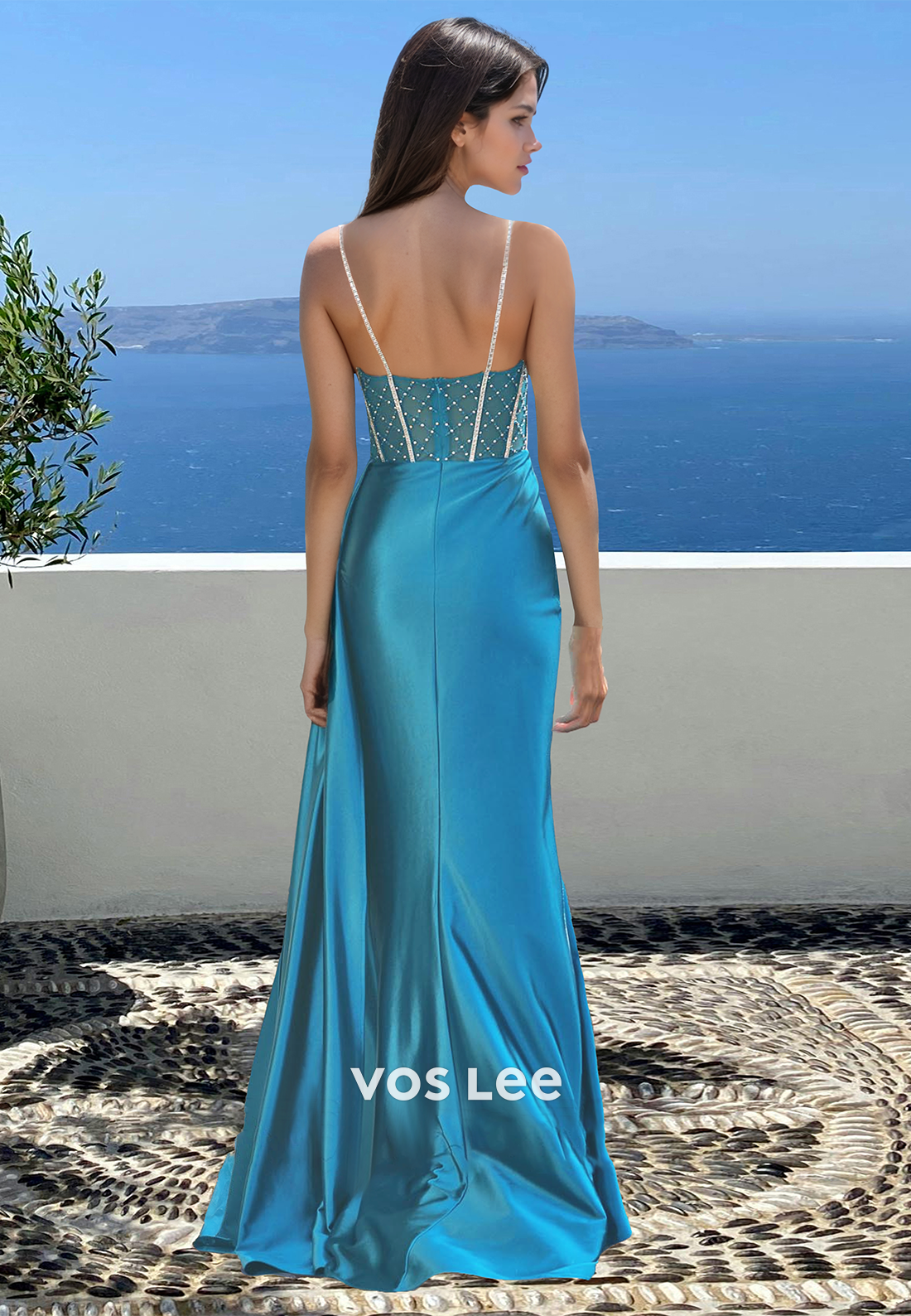 Blue Column Sweetheart High Split Sweep Train Sequins Satin Prom Holiday Dress
