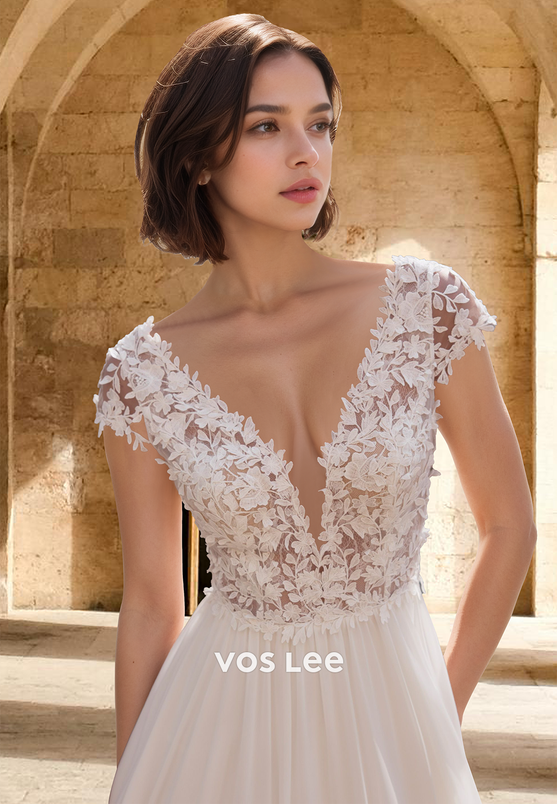 Lace Applique Short Sleeves A-Line with Train Beach Bridal Wedding Dress