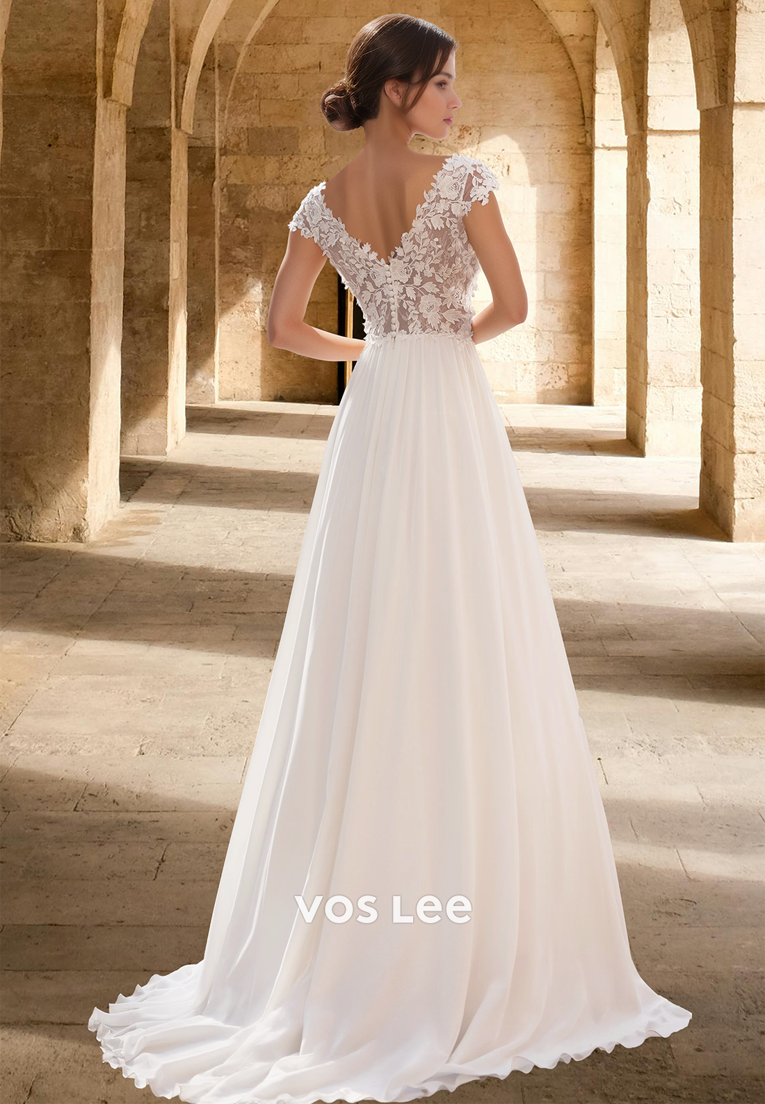 Lace Applique Short Sleeves A-Line with Train Beach Bridal Wedding Dress