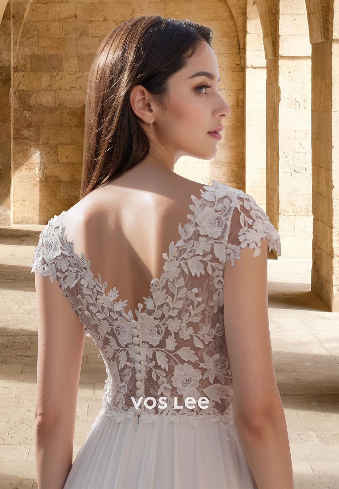 Lace Applique Short Sleeves A-Line with Train Beach Bridal Wedding Dress