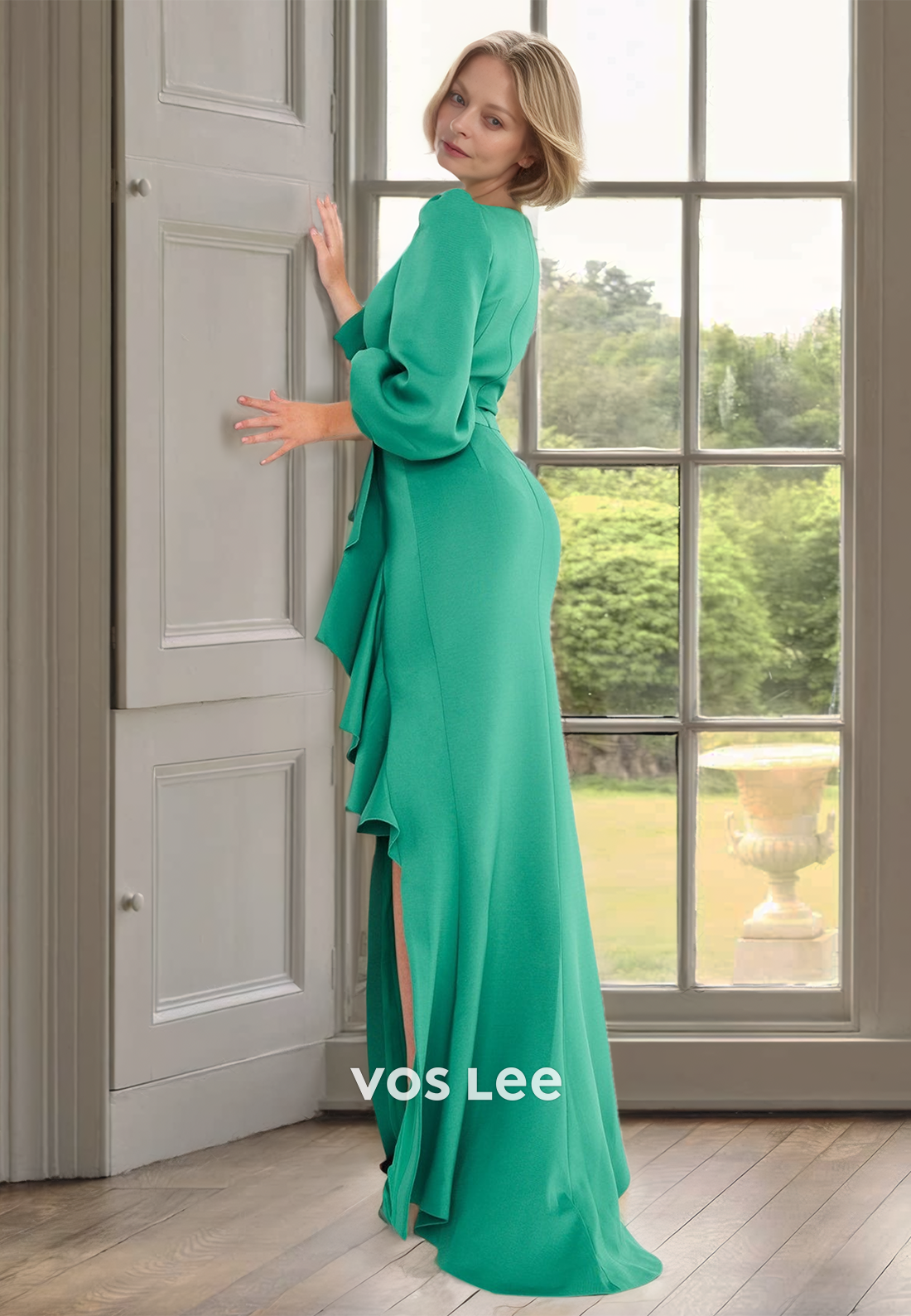 Modest A-Line V Neck Sweep Train Side Split Ruffled Satin Mother of the Party Dress