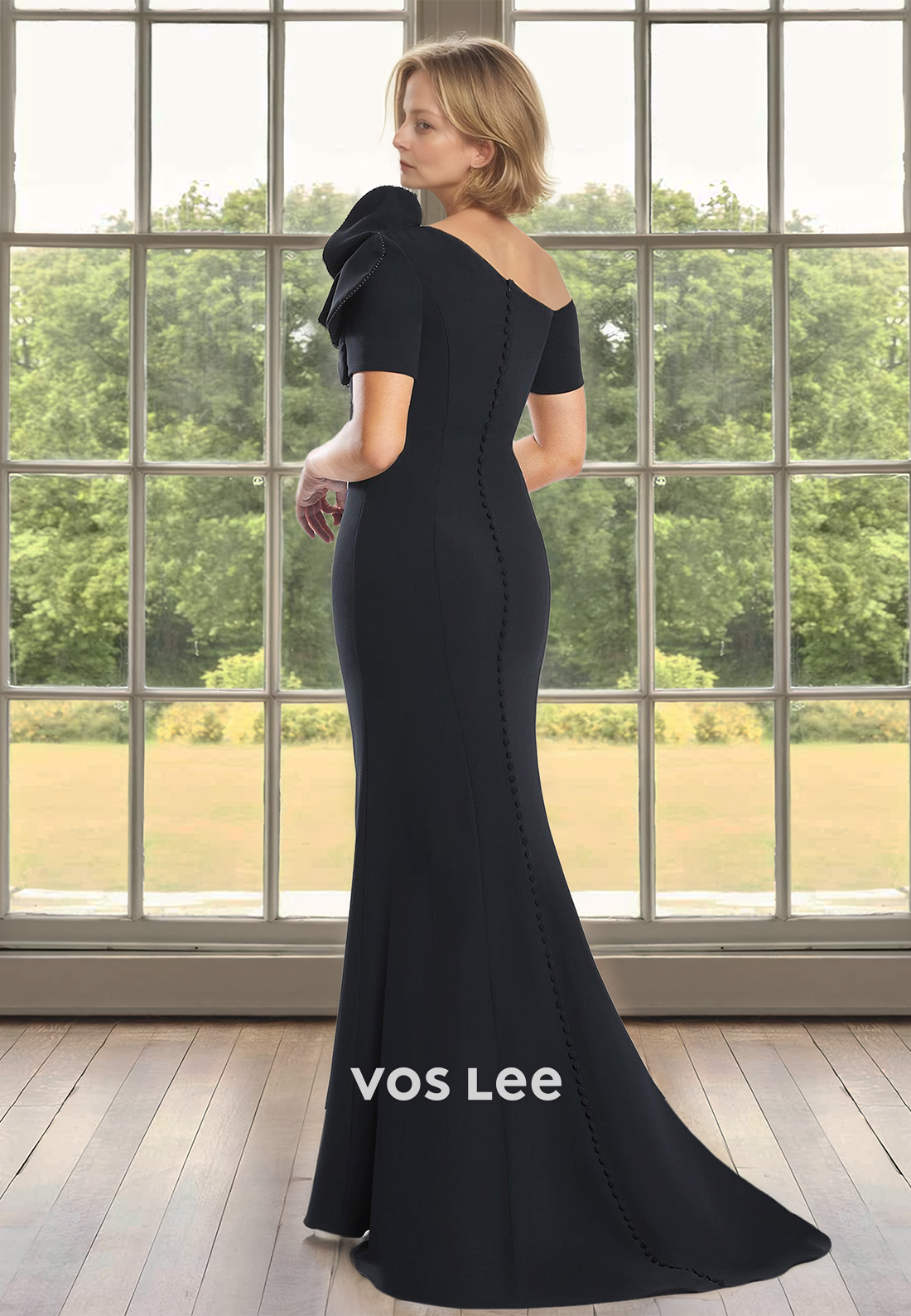 Simple Sheath One Shoulder 3D Floral Short Sleeves Long Satin Mother of the Party Dress