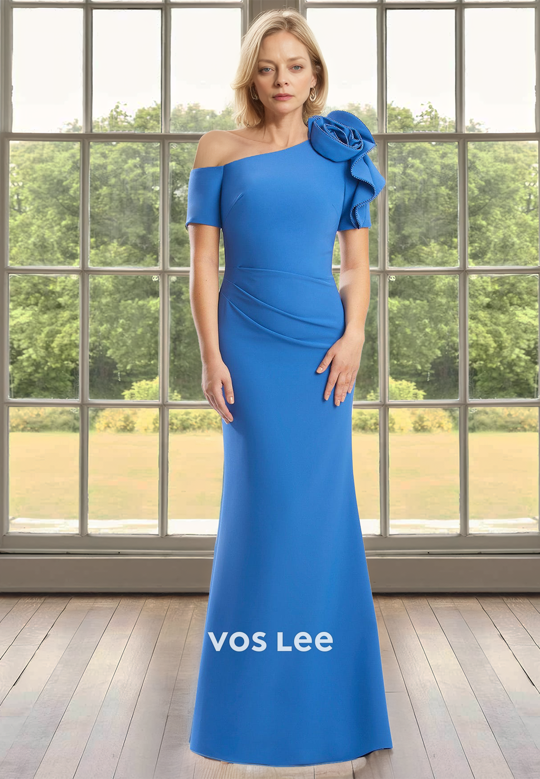 Simple Sheath One Shoulder 3D Floral Short Sleeves Long Satin Mother of the Party Dress