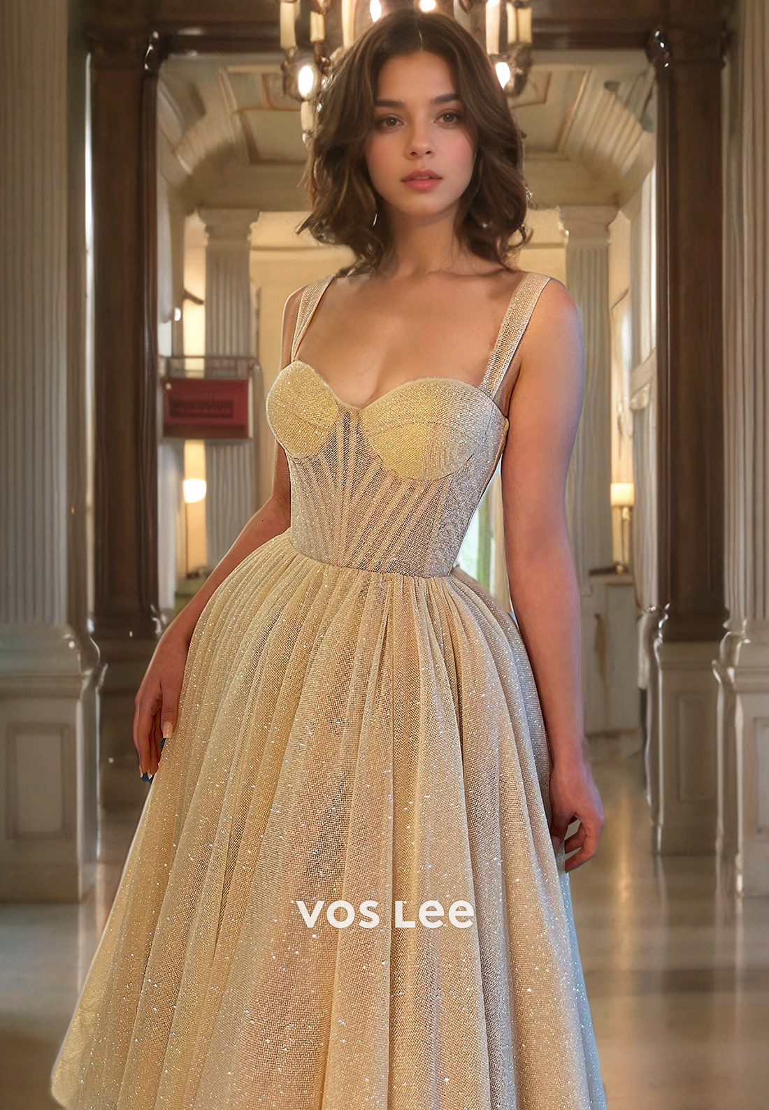 Fancy Sweetheart Vintage Rose Evening Prom Gown Ruched Straps Glitter Formal Cocktail Party Dress