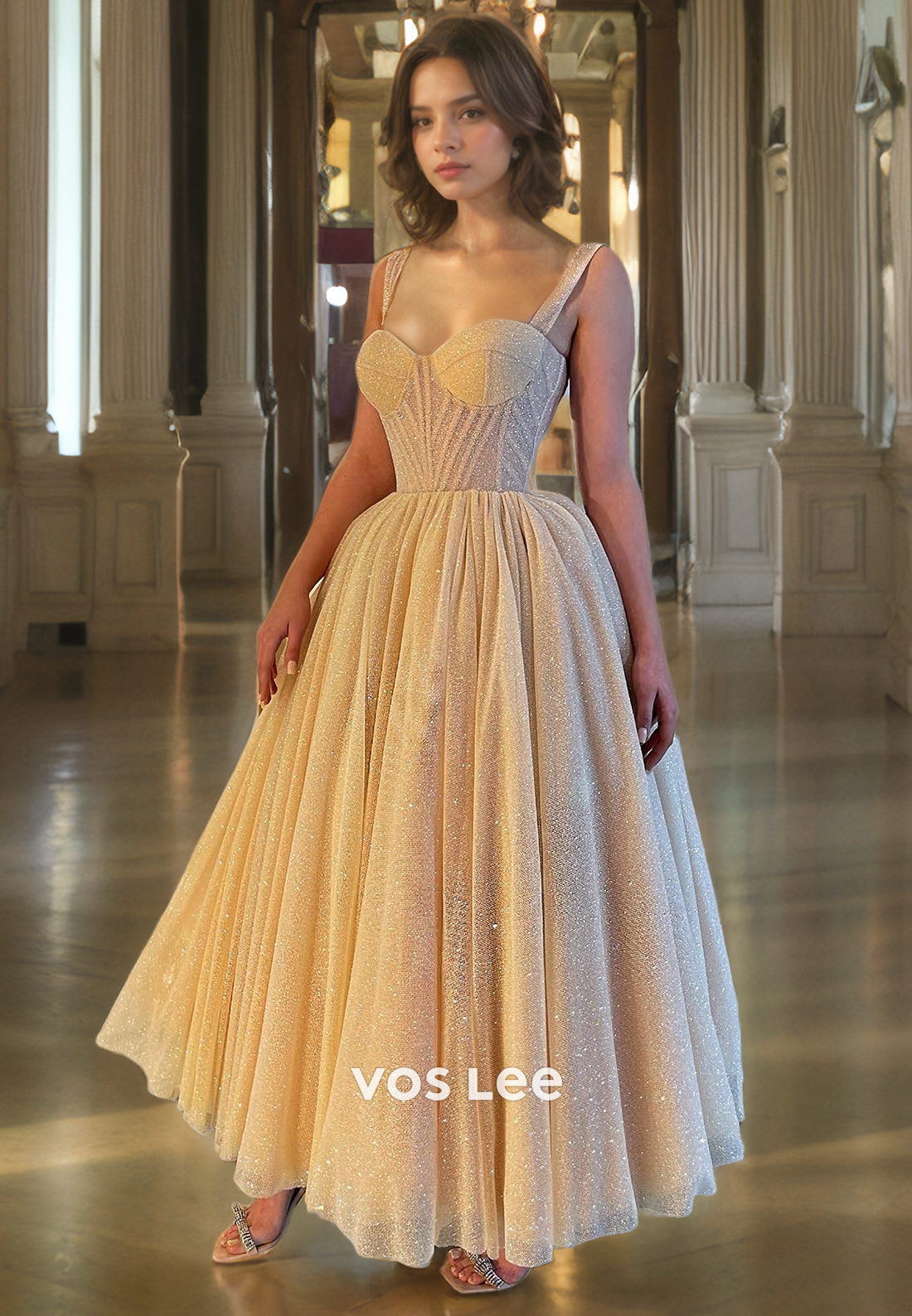 Fancy Sweetheart Vintage Rose Evening Prom Gown Ruched Straps Glitter Formal Cocktail Party Dress